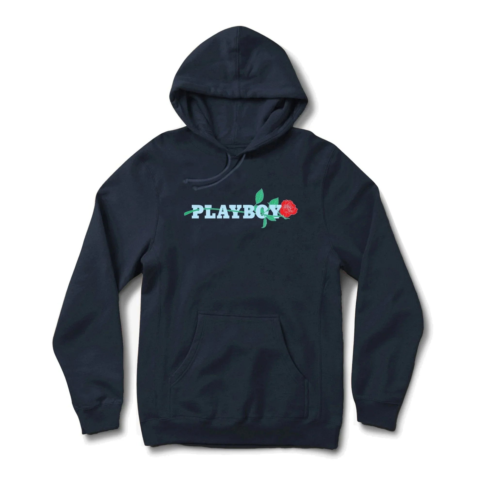 Black hoodie with PLAYBOY text and red rose graphic on the chest, front view