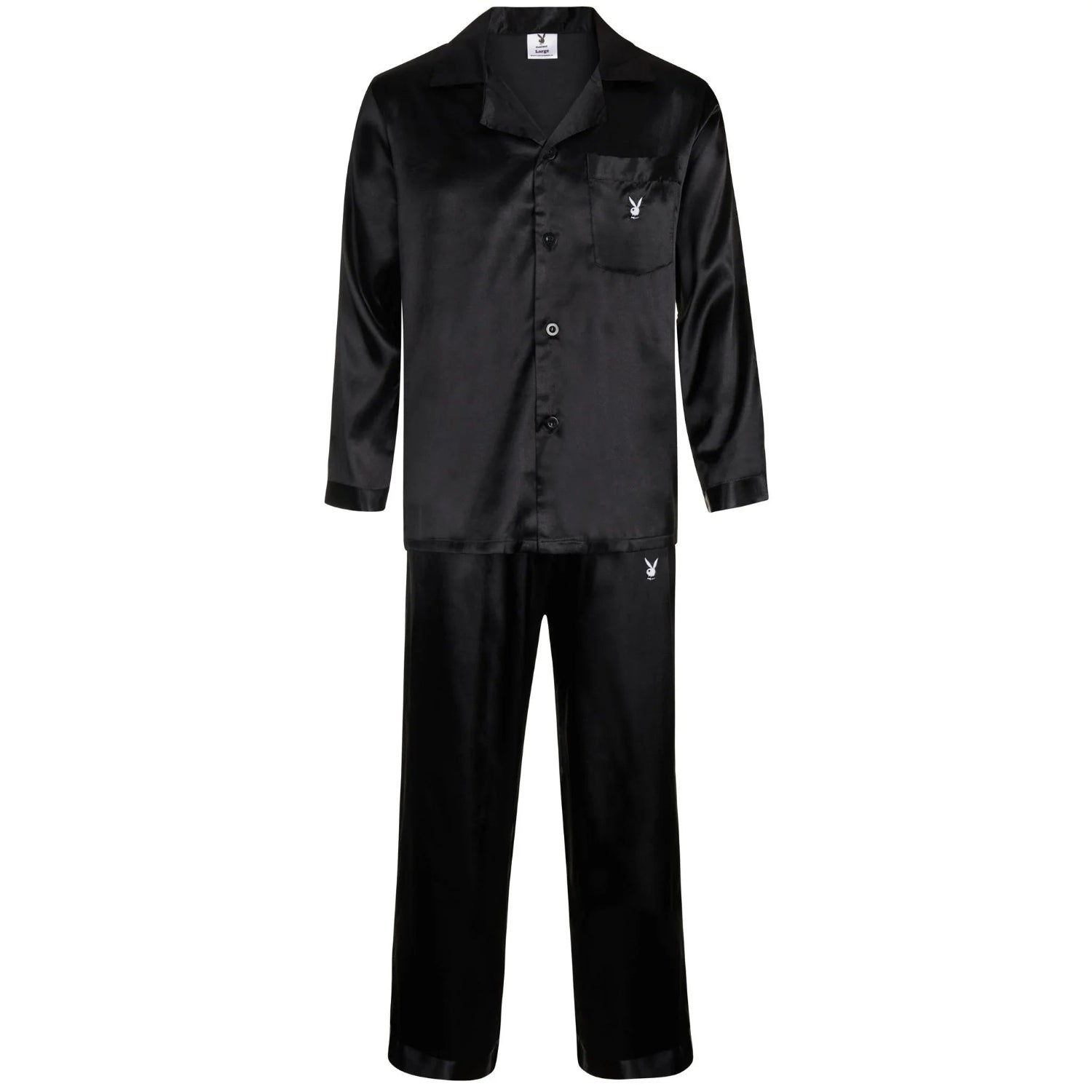 Black satin lounge set with button-up top and pants, featuring a small bunny logo on pocket.