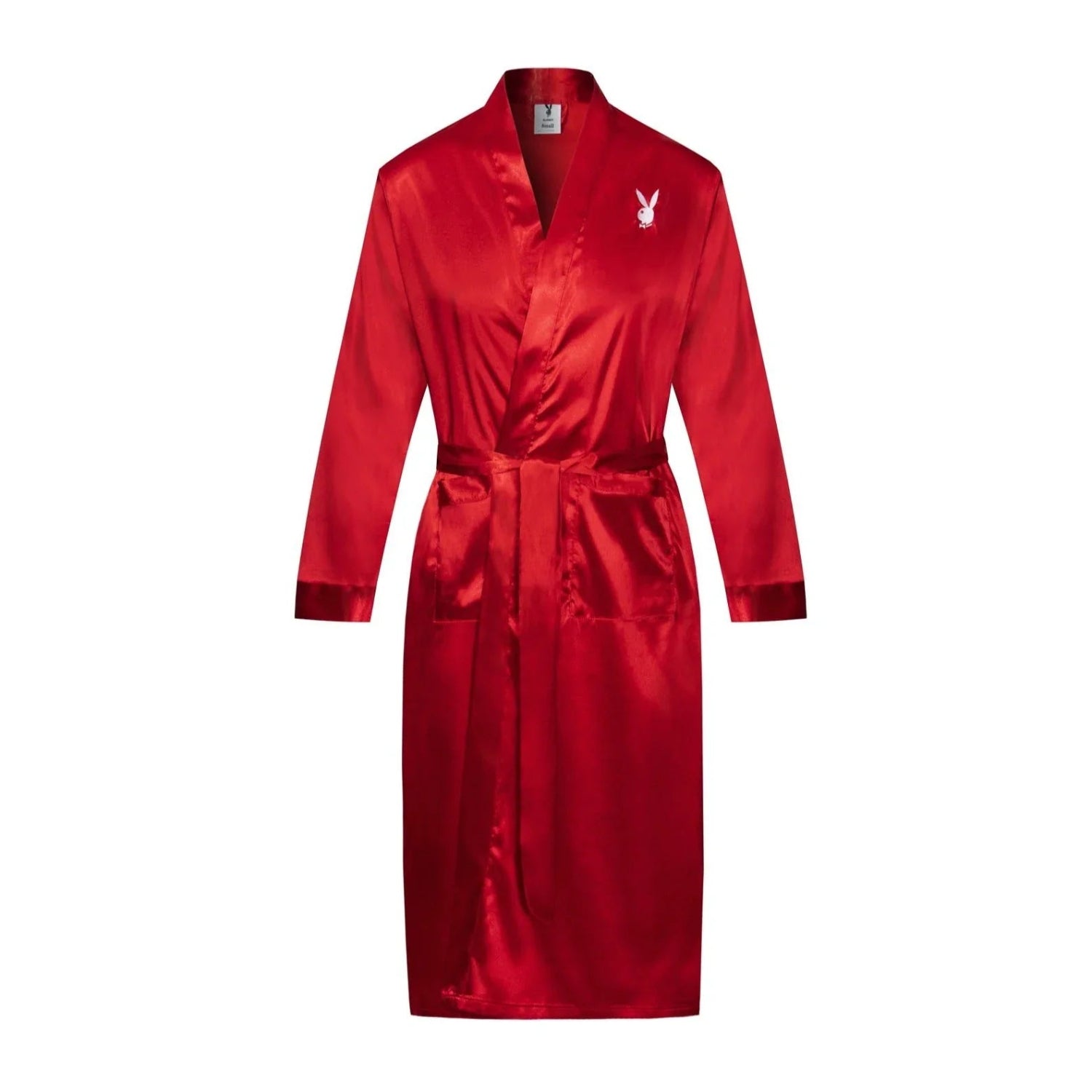 Red satin robe with waist tie and embroidered white bunny logo on chest, luxury loungewear