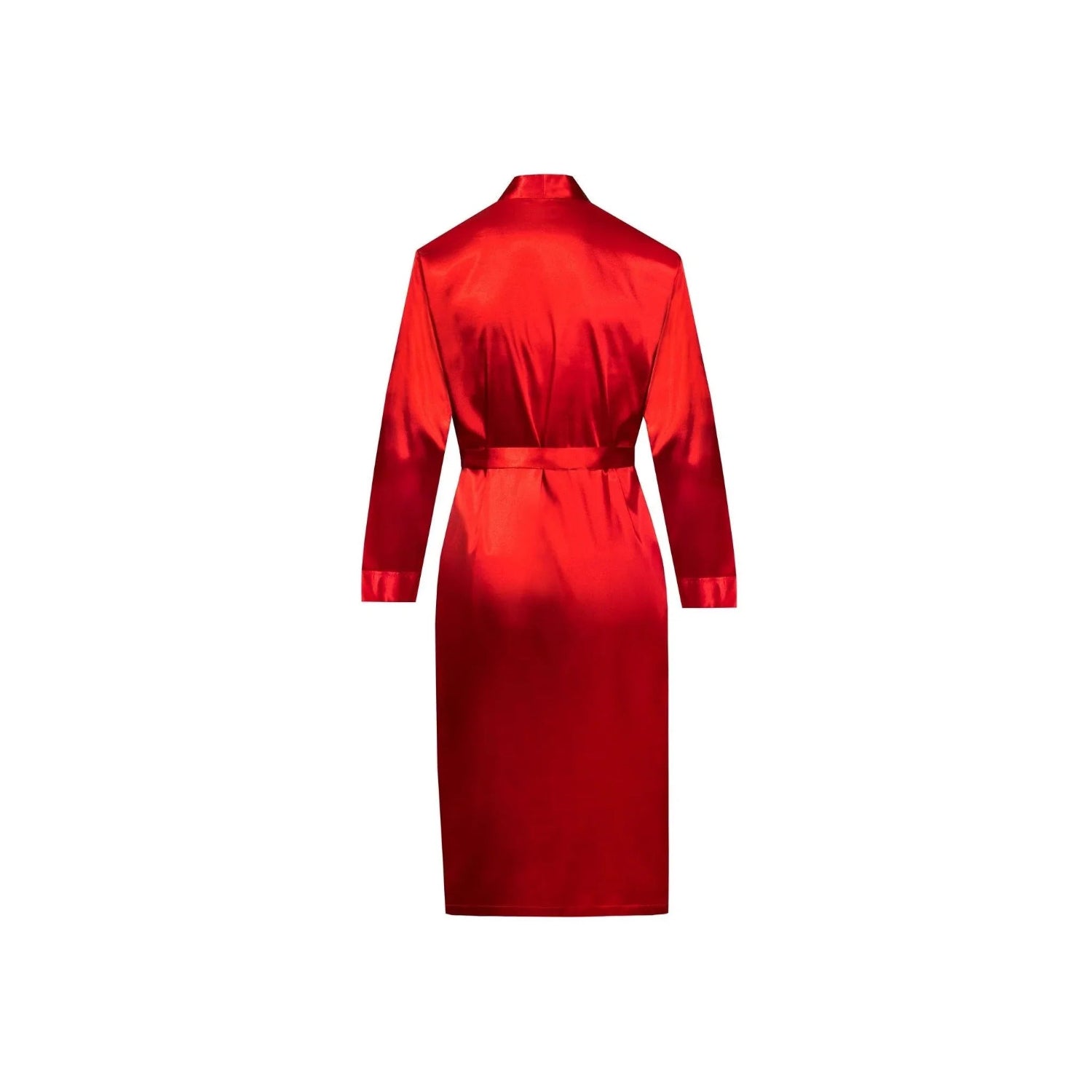 Back view of red satin robe with long sleeves and belt, luxury loungewear