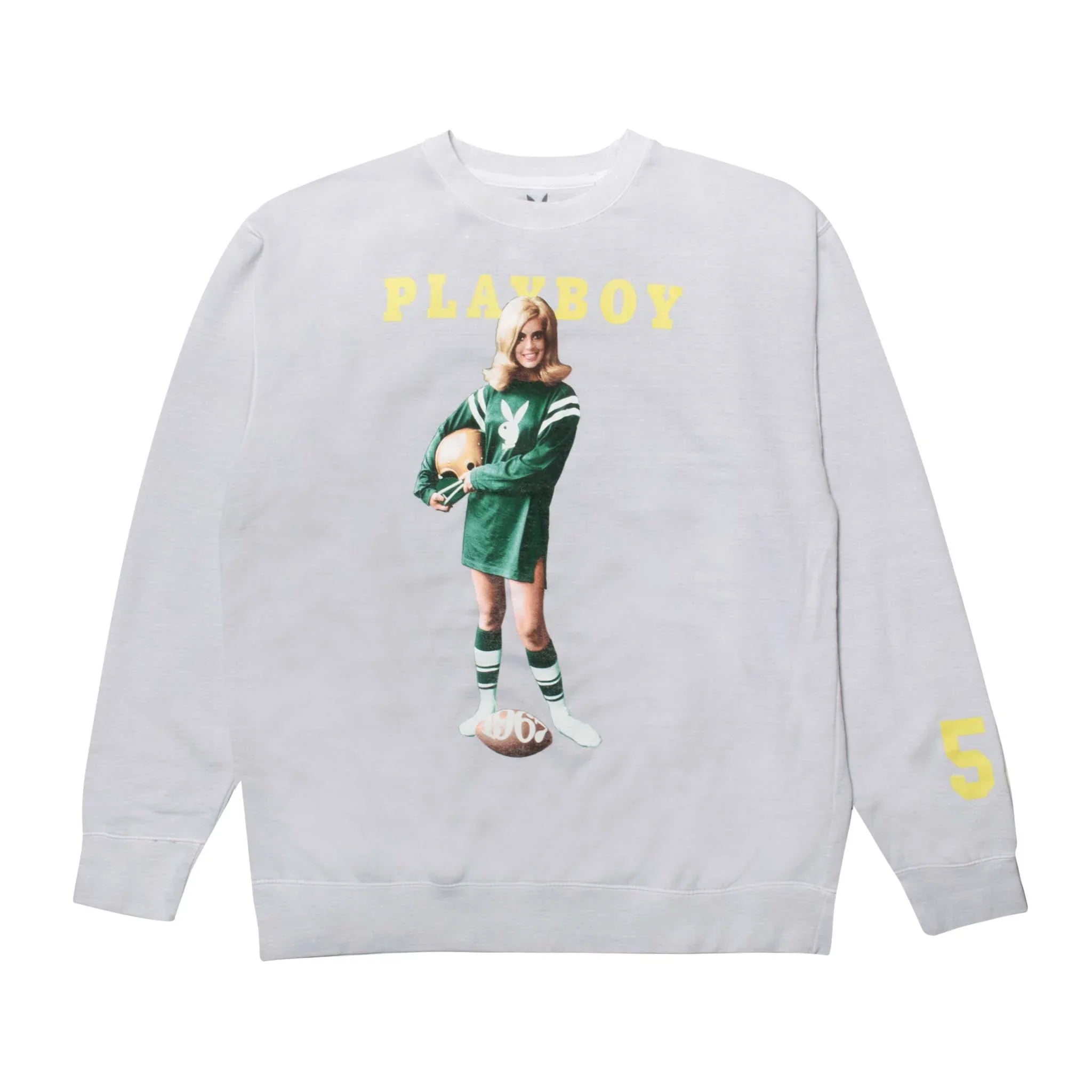 White crewneck sweatshirt featuring vintage football pinup graphic and yellow PLAYBOY text