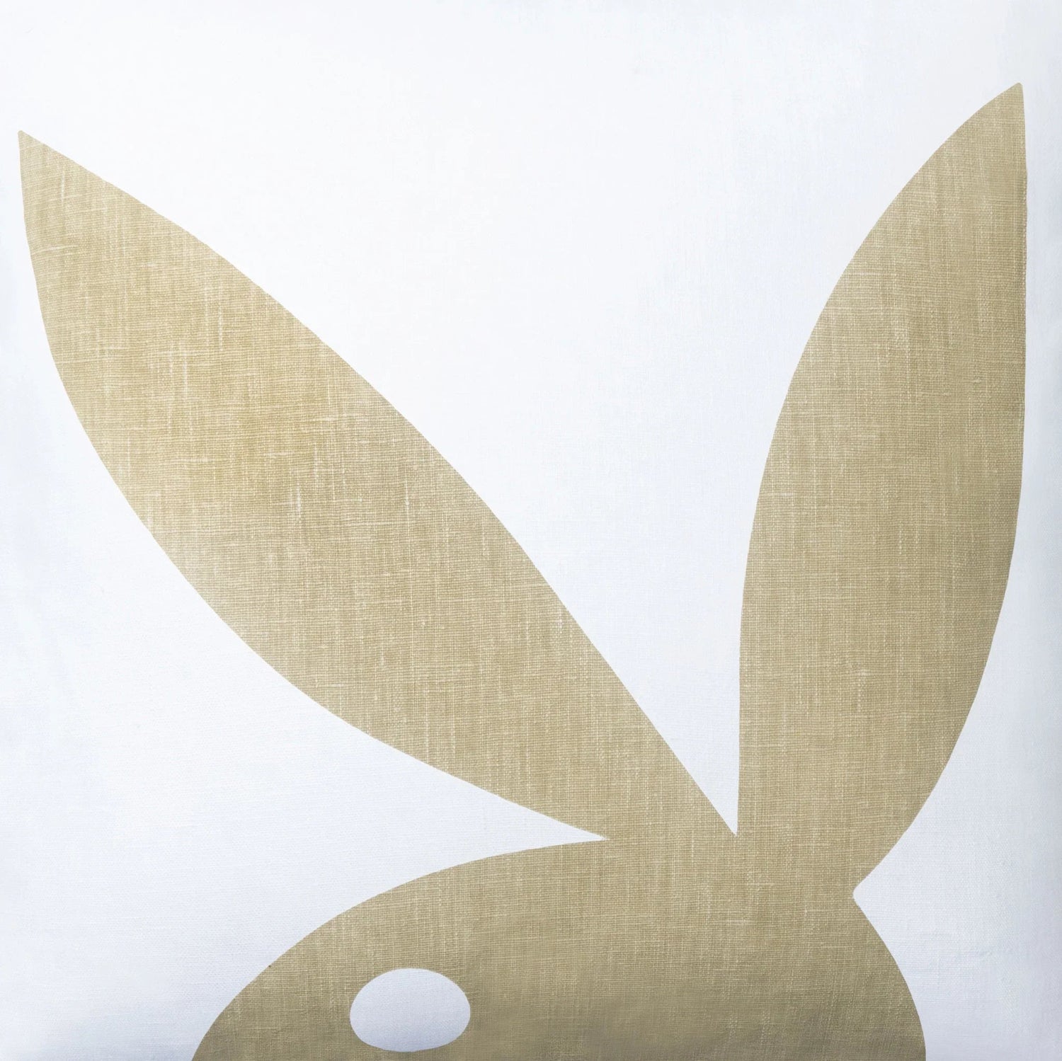 Decorative pillow with beige bunny silhouette on white background, modern home decor accessory