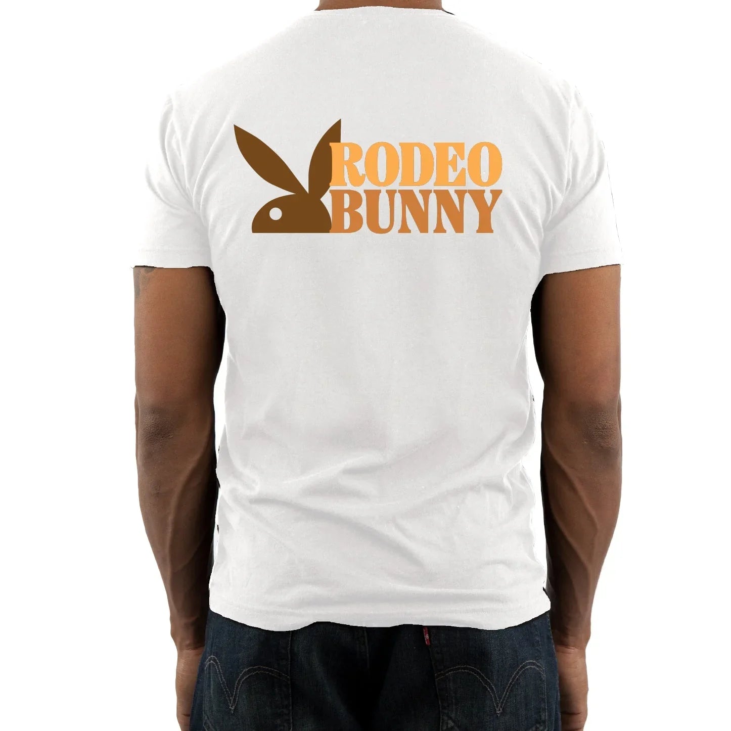 Back view of man wearing white t-shirt with brown Rodeo Bunny graphic and bunny logo
