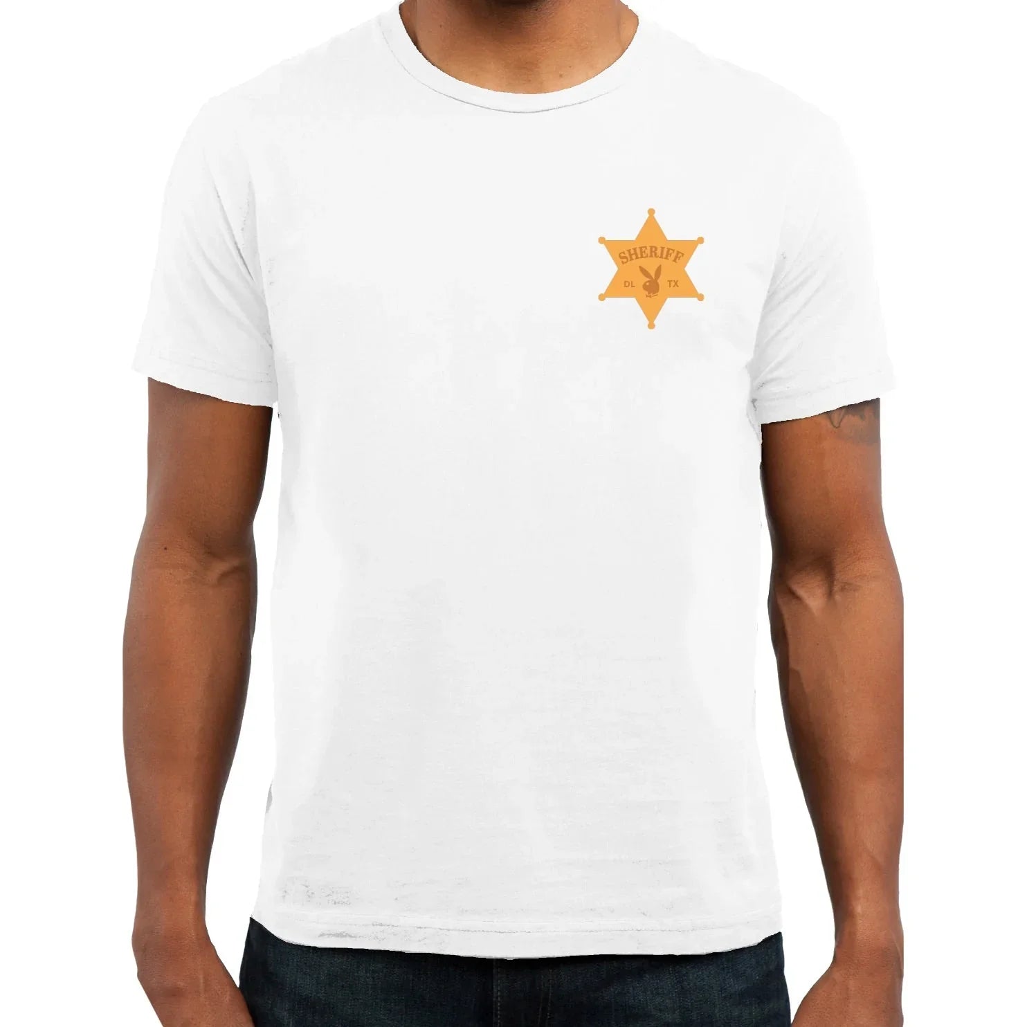 White men's t-shirt with gold sheriff badge graphic on chest, casual streetwear style