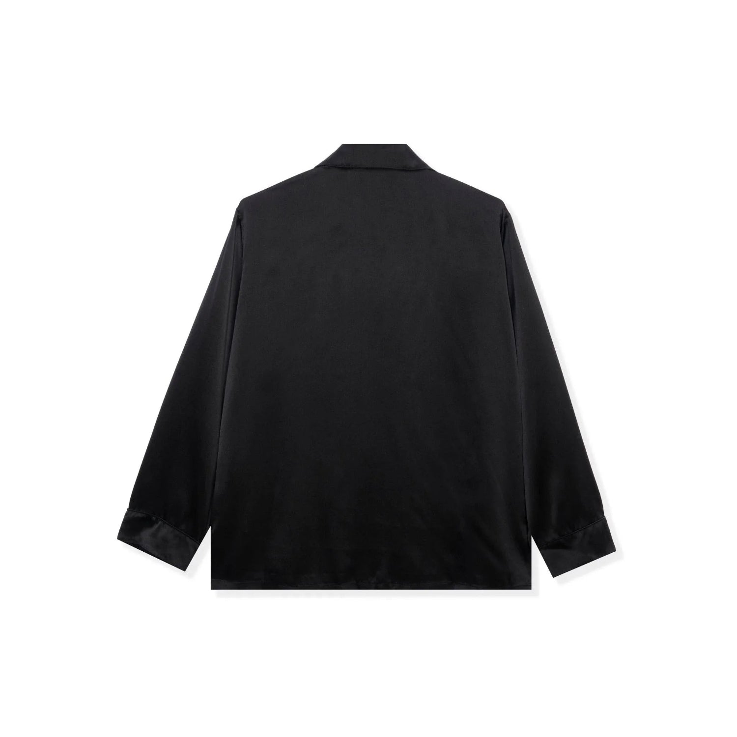 Back view of black silk button-down collared long sleeve top on white background