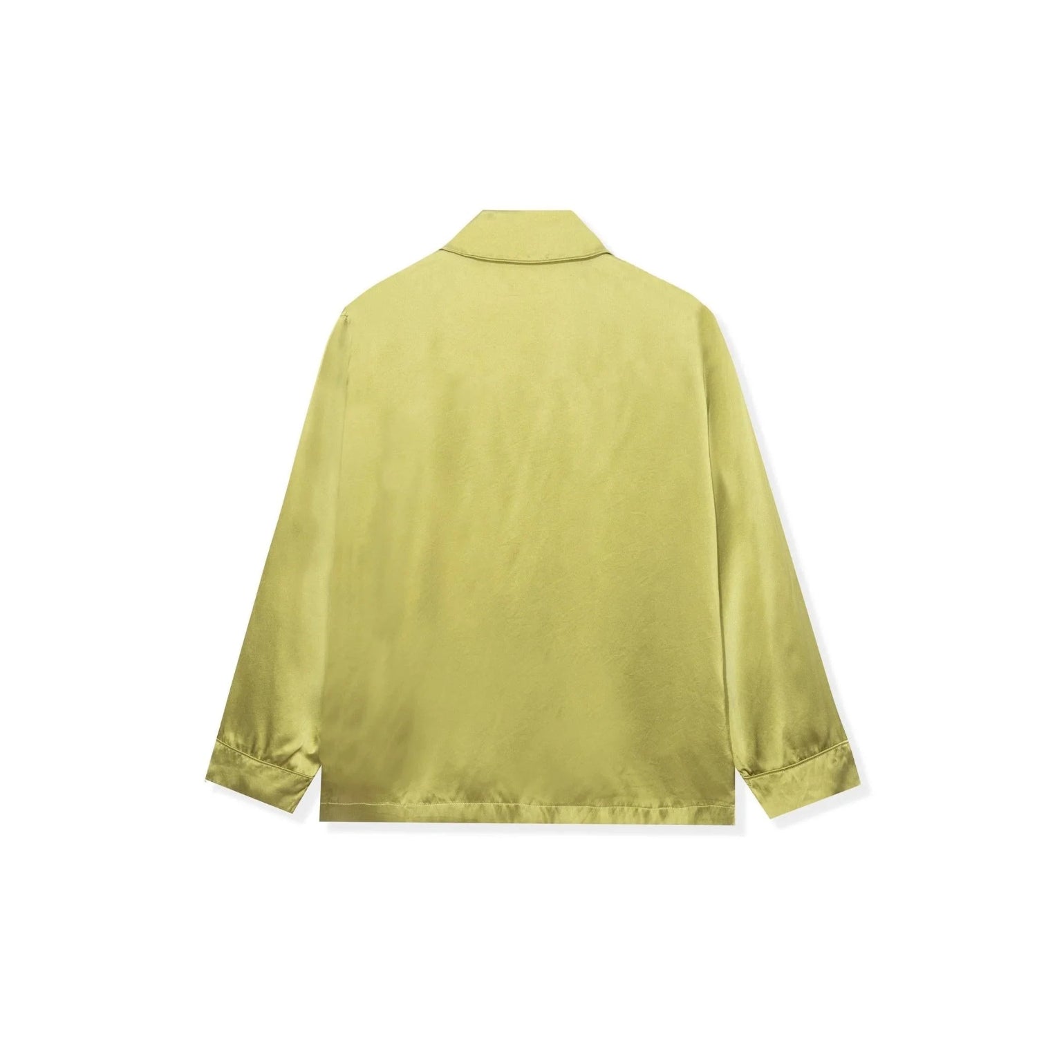 Back view of a light yellow silk button-down collared long sleeve top on white background