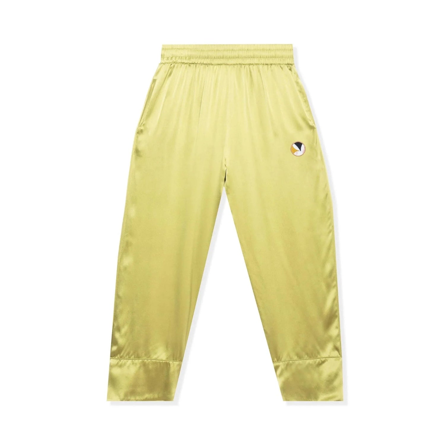 Yellow silk lounge pants with elastic waistband and small embroidered logo on left thigh