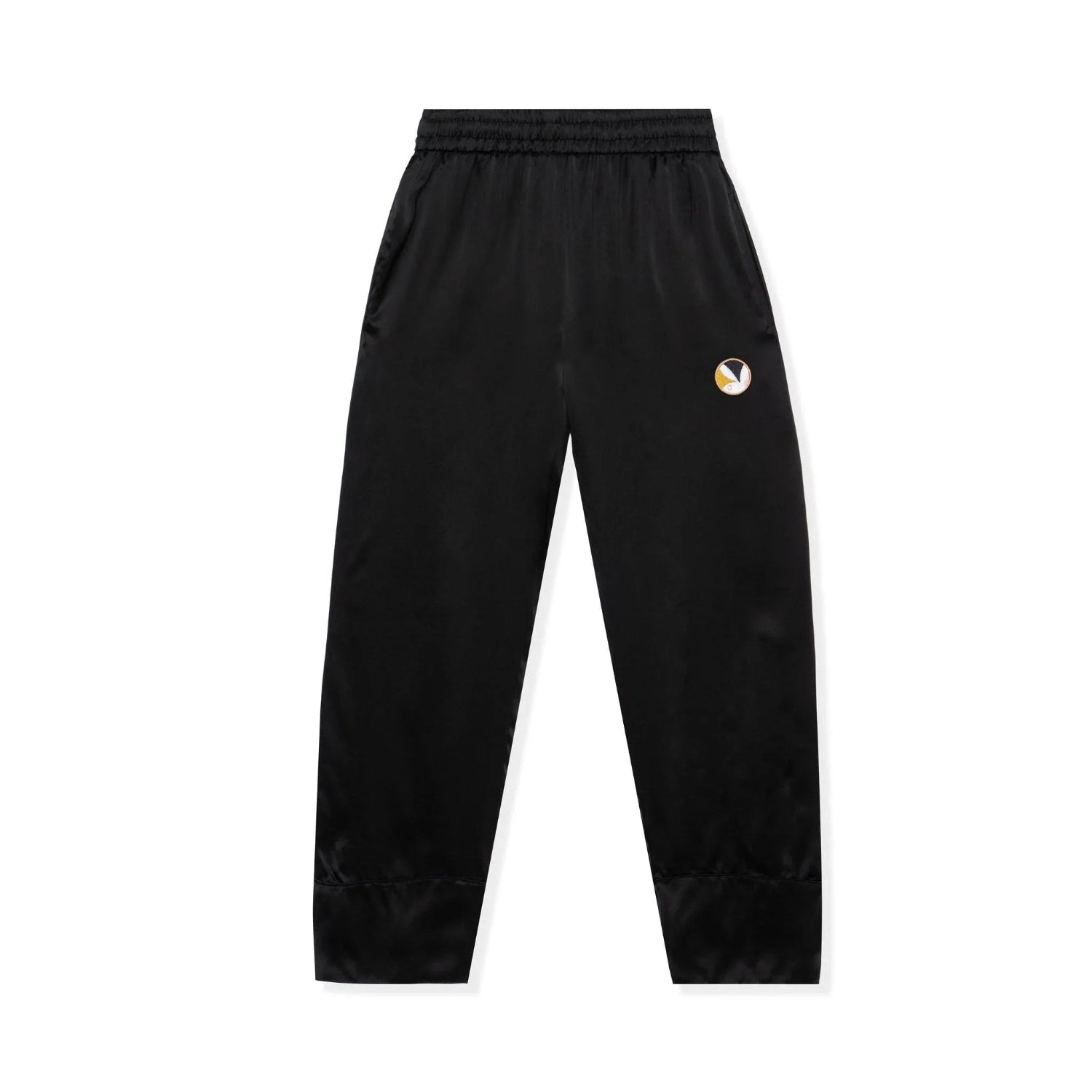 Black silk lounge pants with elastic waistband and small embroidered logo on left hip