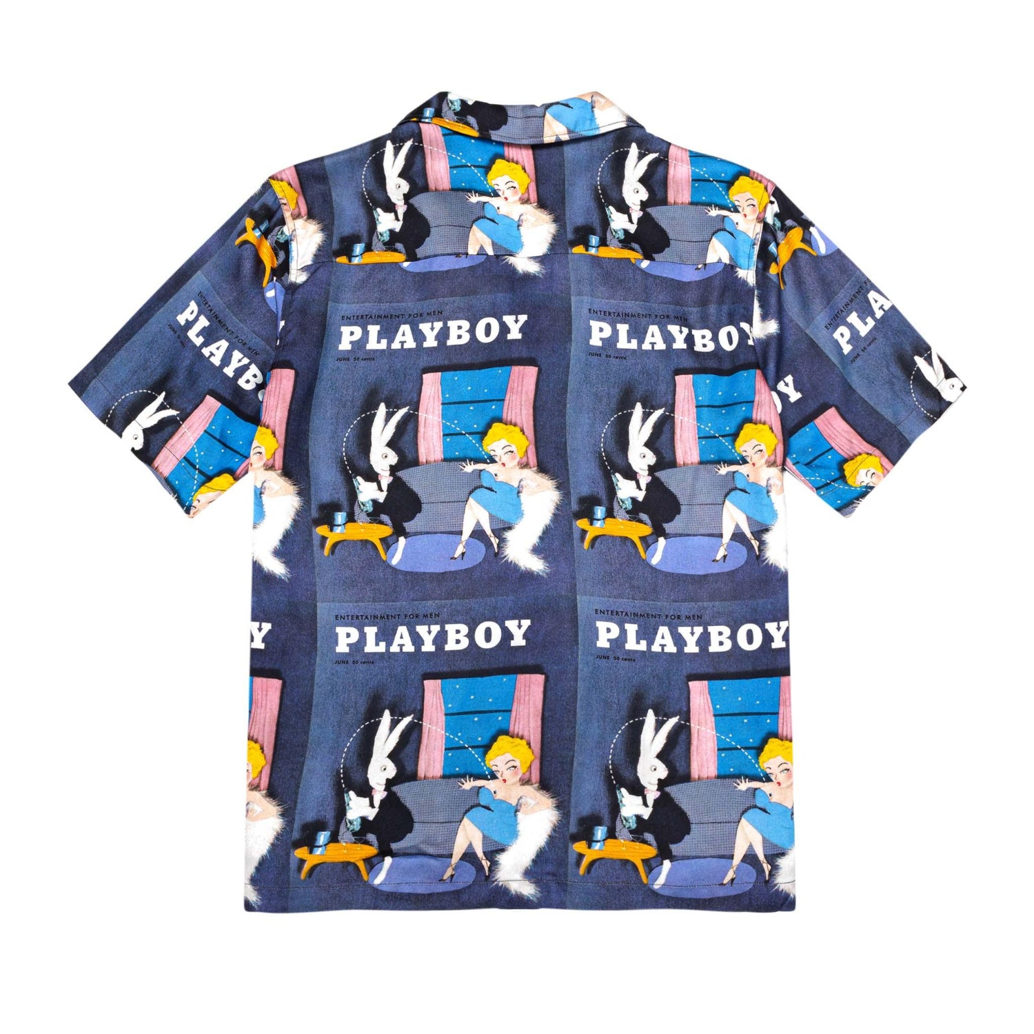 Short-sleeve camp shirt with vintage Playboy comic pattern, illustrated woman and rabbit.