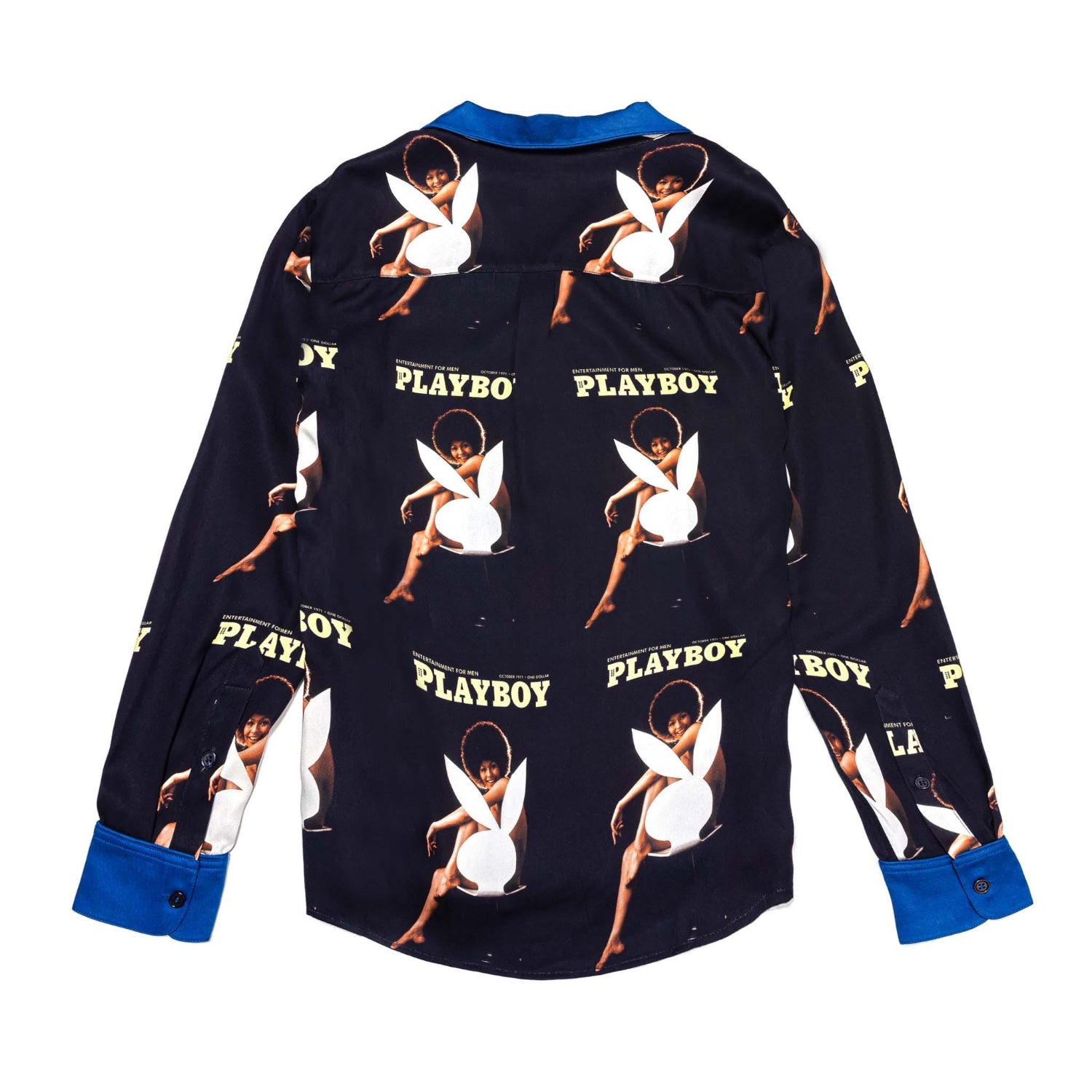 Black long sleeve camp shirt with retro Playboy magazine cover print and blue cuffs