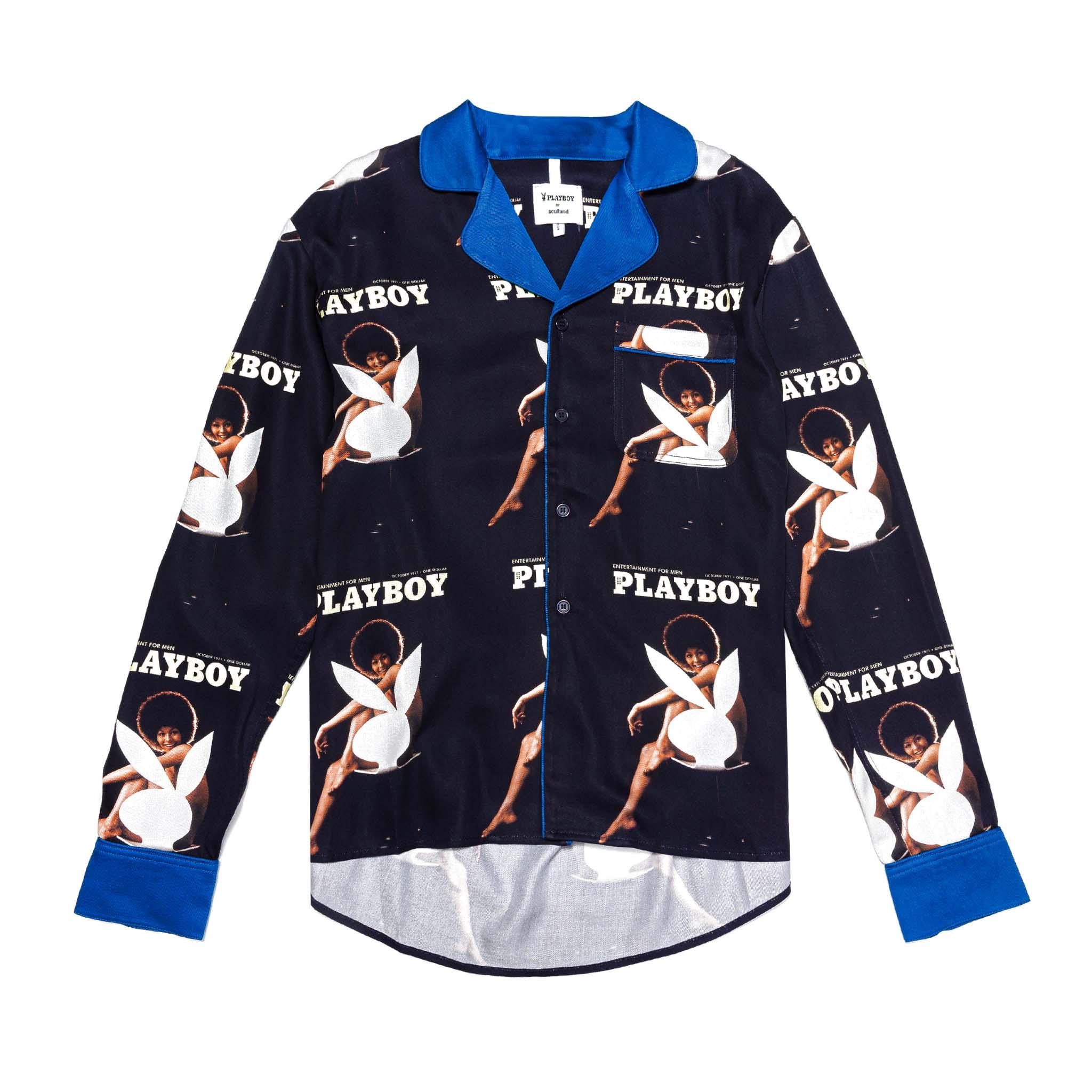 Long sleeve camp shirt with blue collar, retro Playboy magazine cover graphics, button-up front.