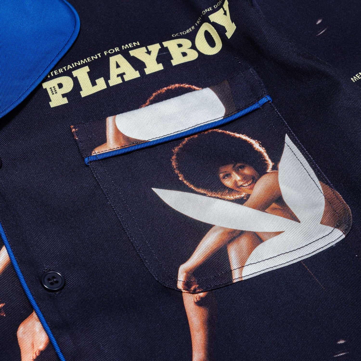 Navy long sleeve shirt with October 1971 Playboy magazine cover print and blue piping detail