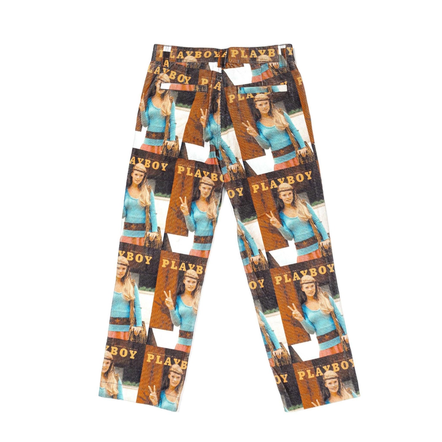 Colorful pants featuring an all-over print of retro magazine cover with woman and Playboy text