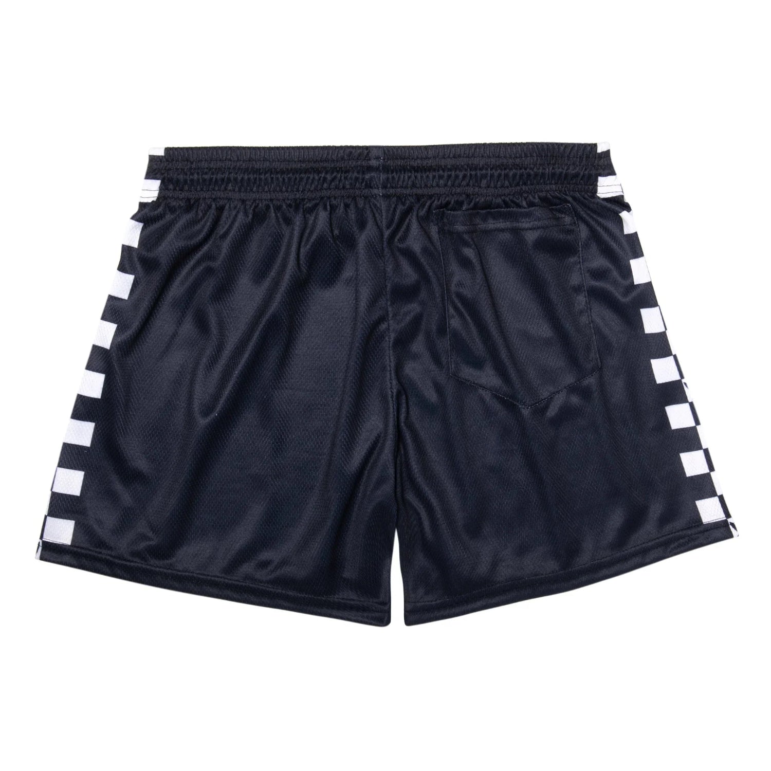 Black mesh athletic shorts with white checkered stripes on the sides, rear view.