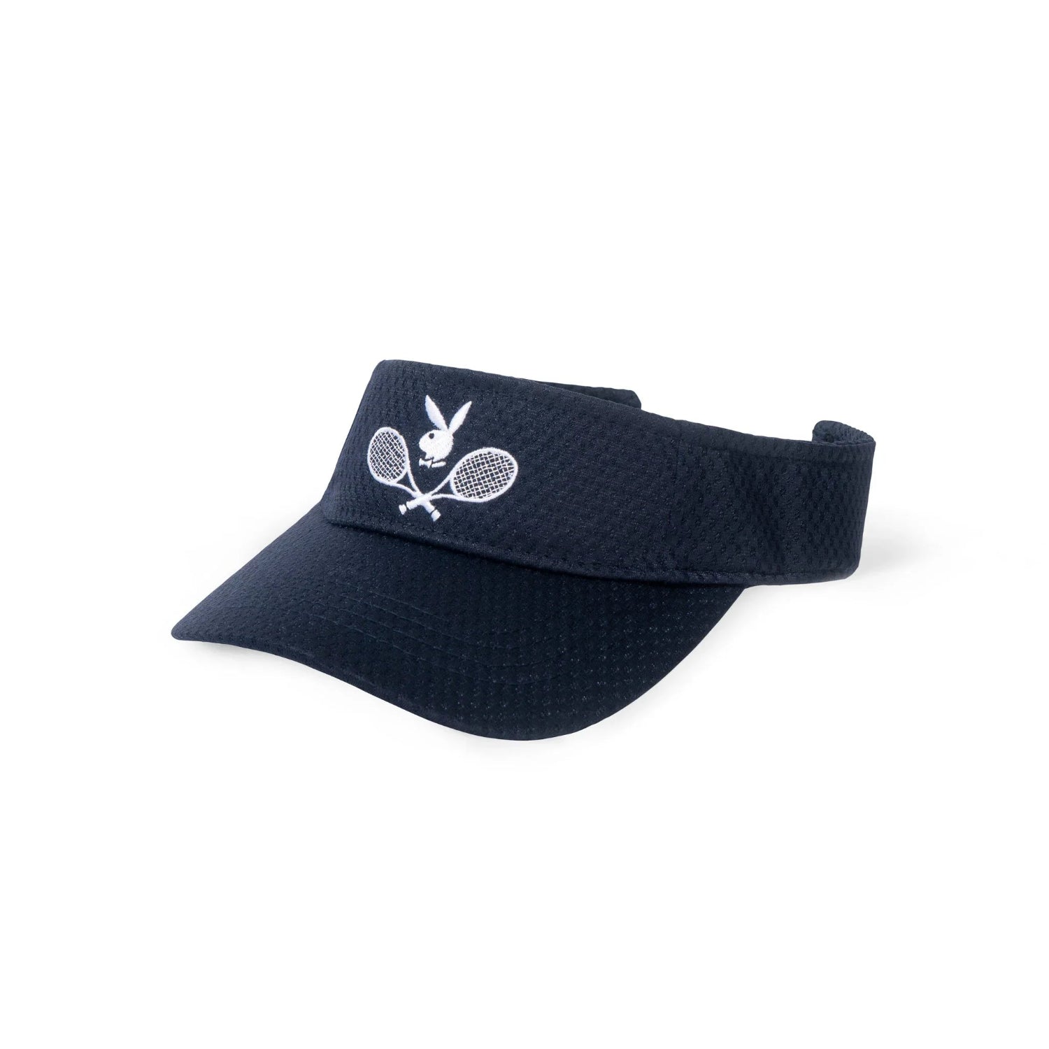 Black sports mesh visor with embroidered rabbit head and crossed tennis rackets on front