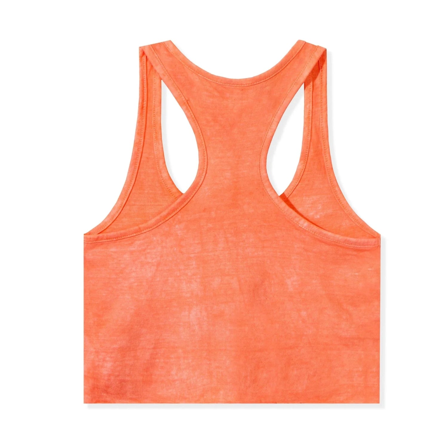 Back view of orange cropped racerback tank top, lightweight women's summer activewear