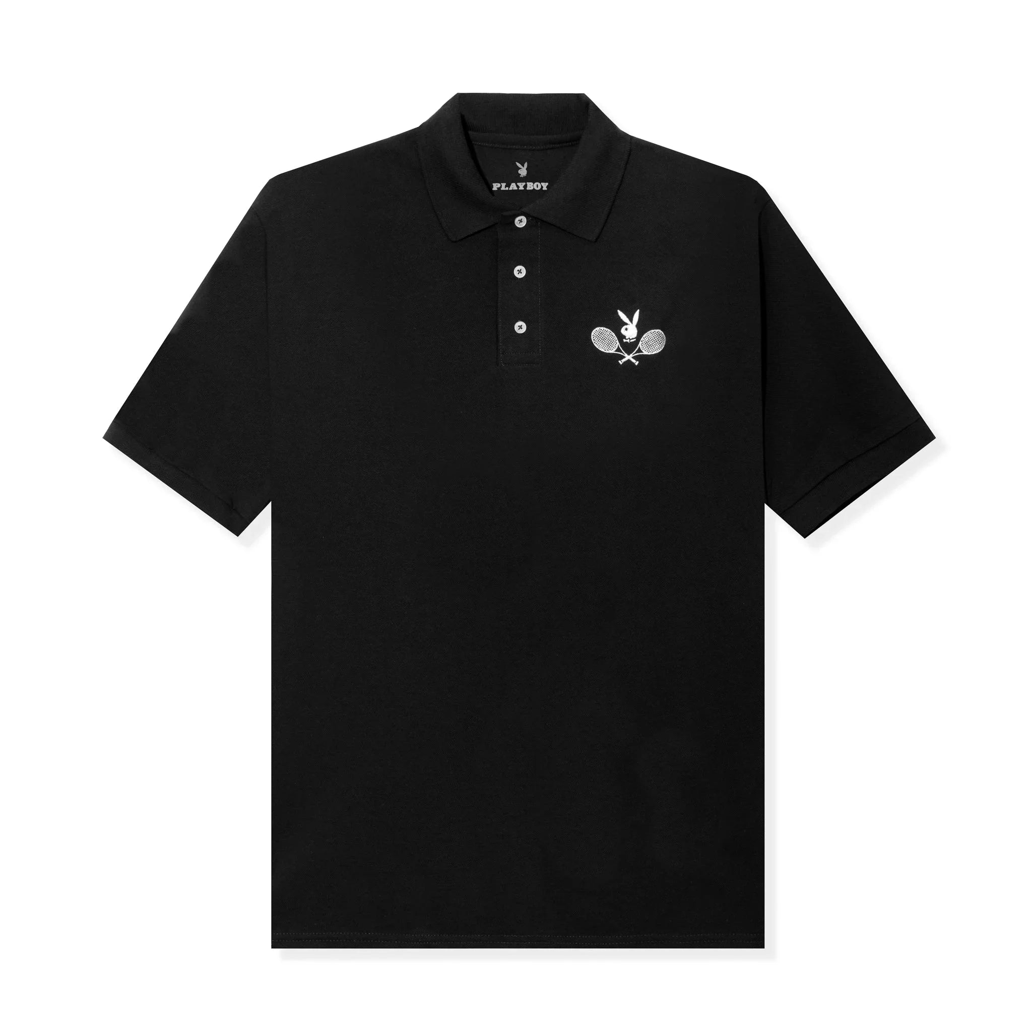 Black tennis club polo shirt with embroidered bunny logo and crossed tennis rackets on chest