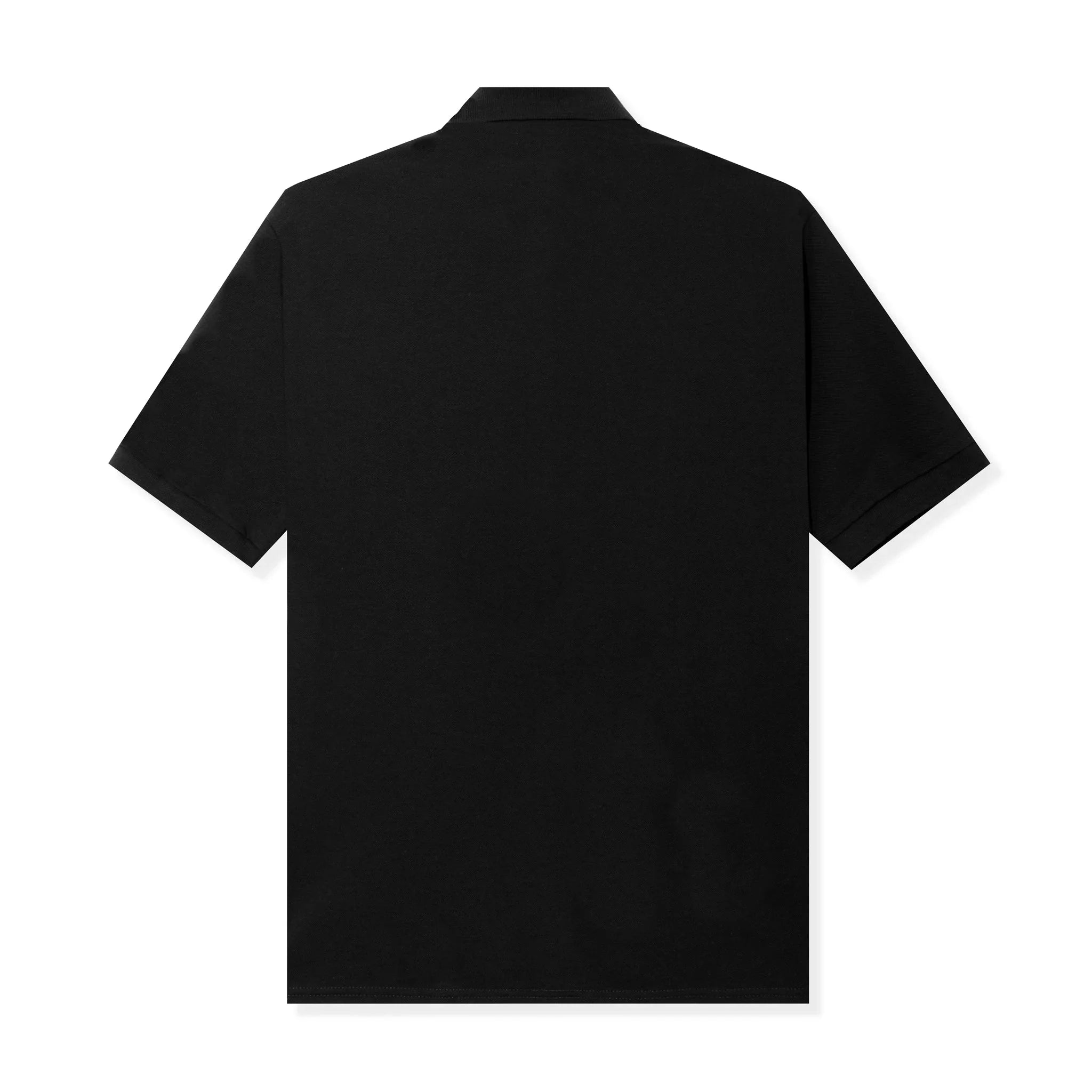 Back view of plain black short sleeve men's polo shirt on white background
