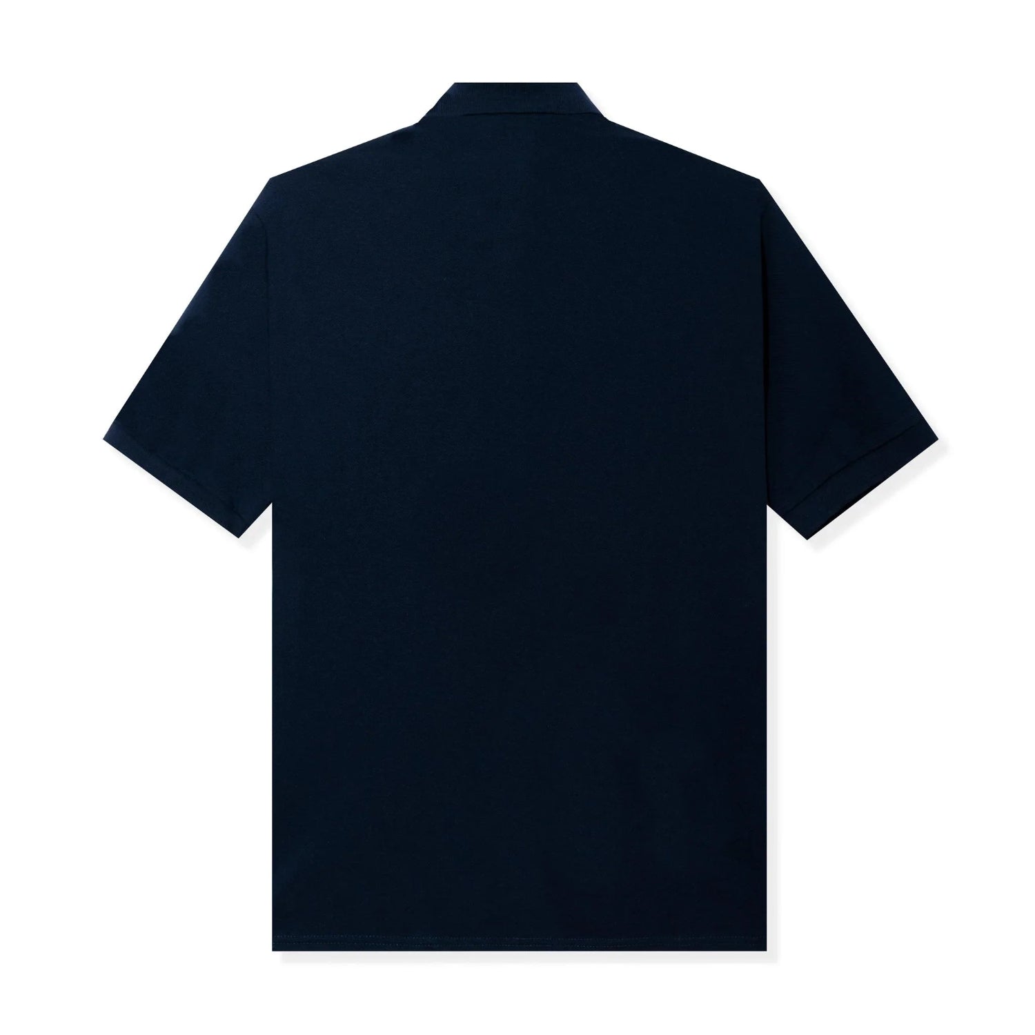 Back view of plain navy short sleeve polo shirt on white background