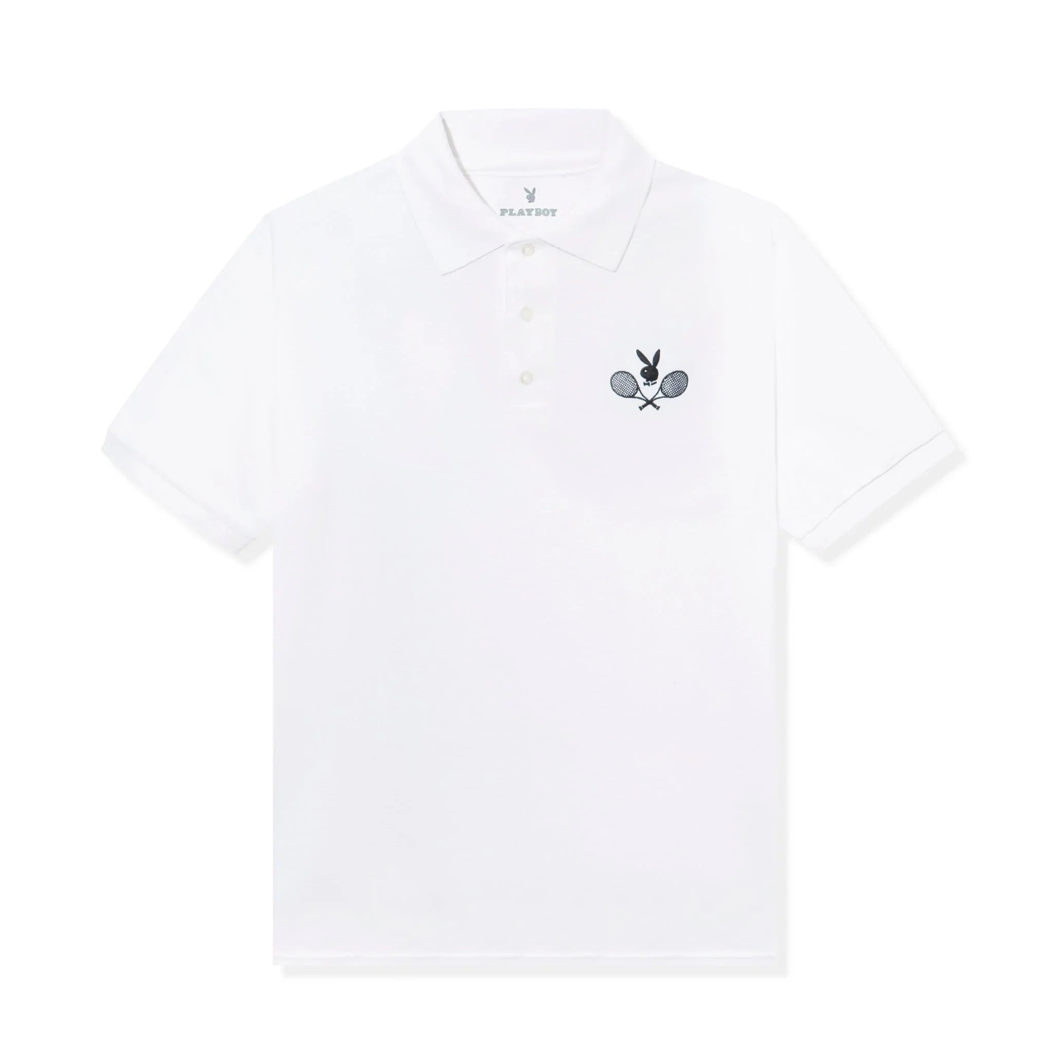 White polo shirt with tennis racquet and bunny logo embroidery on the chest.
