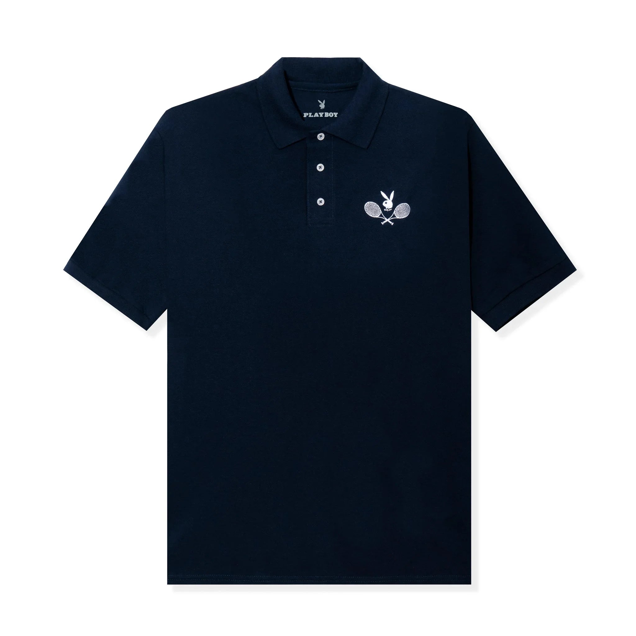 Navy blue men's polo shirt with tennis club logo and bunny emblem embroidered on chest