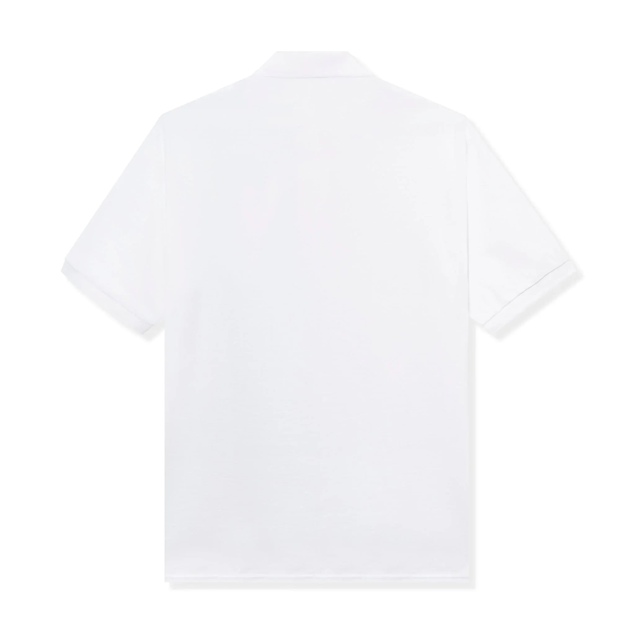 Back view of plain white short sleeve polo shirt on white background