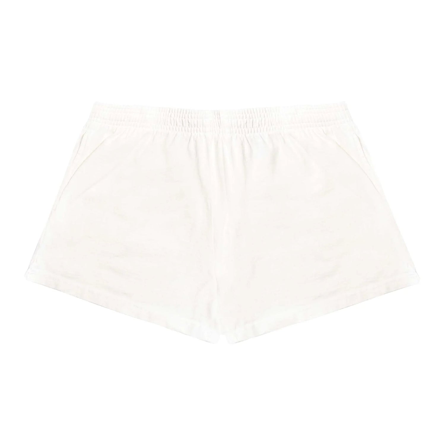 White tennis club shorts with elastic waistband and side pockets on white background
