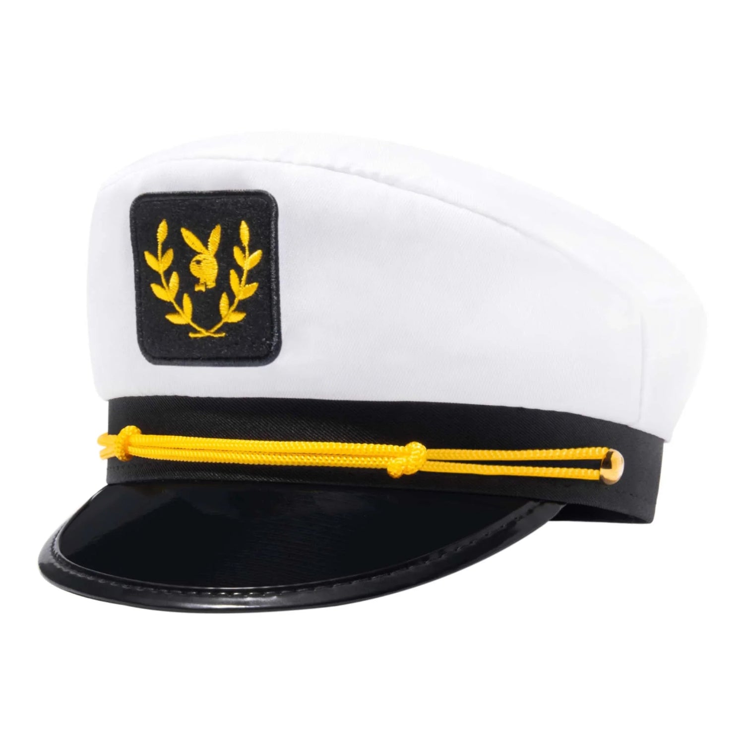 White and black captain’s hat with gold laurel and bunny logo patch, yellow rope detail