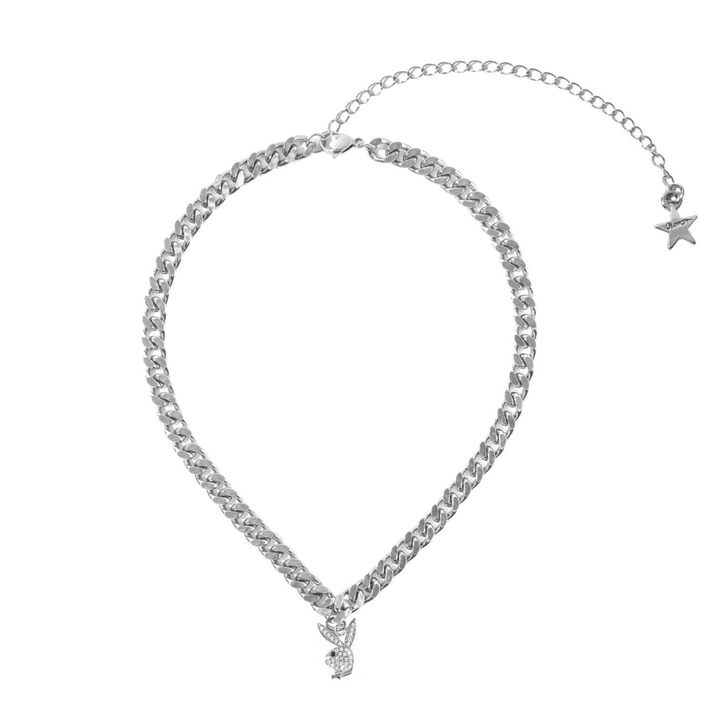 Silver chain necklace with rabbit head pendant and star charm, isolated on white background