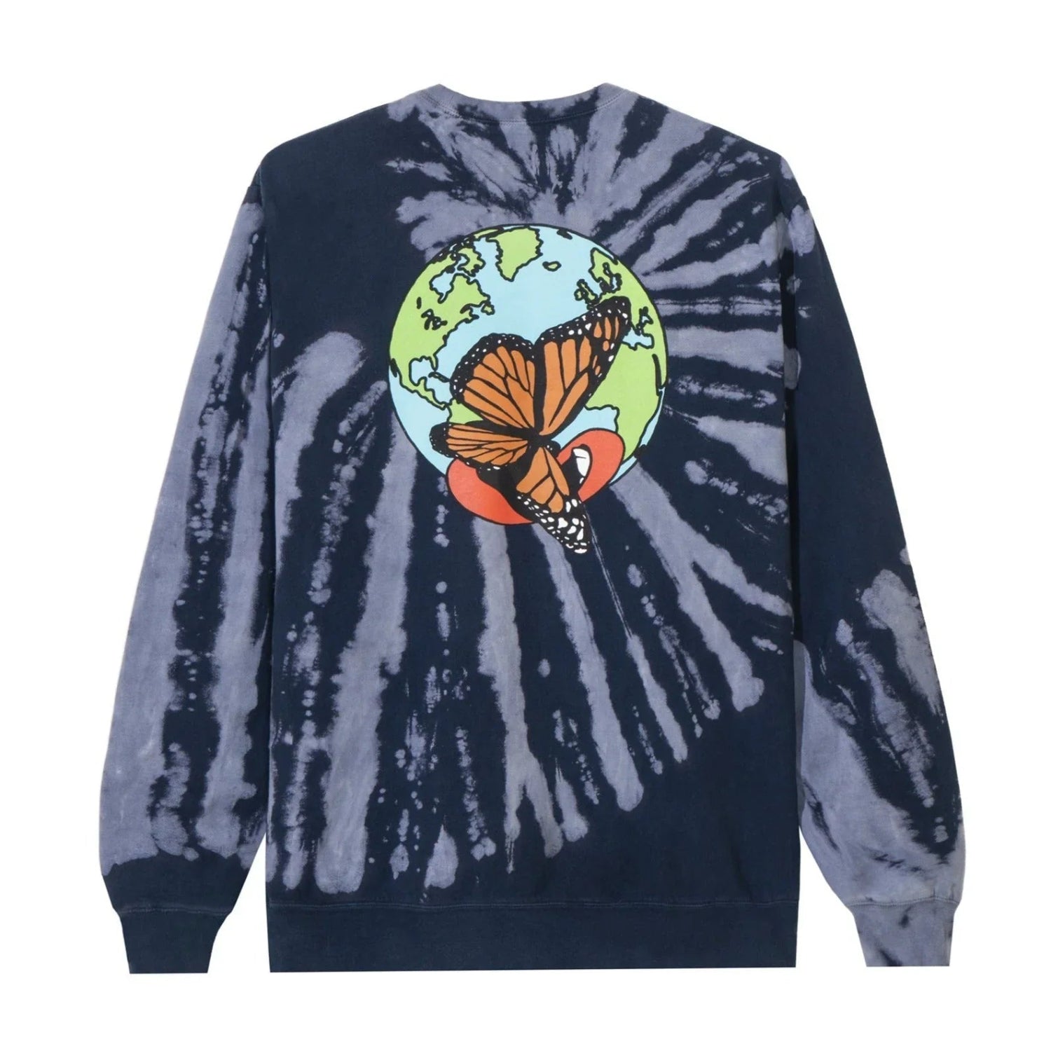 Navy blue tie-dye sweatshirt with Earth and butterfly graphic on back, unisex streetwear