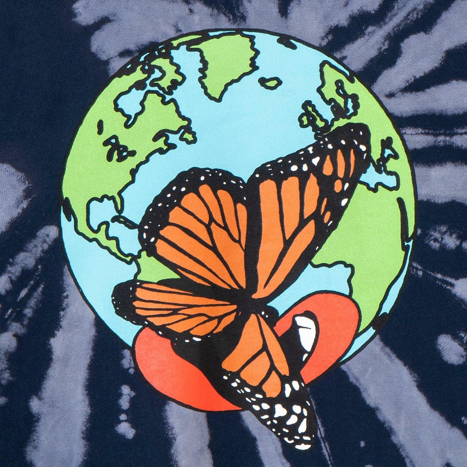 Tie-dye sweatshirt with Earth, orange monarch butterfly, and red heart graphic print