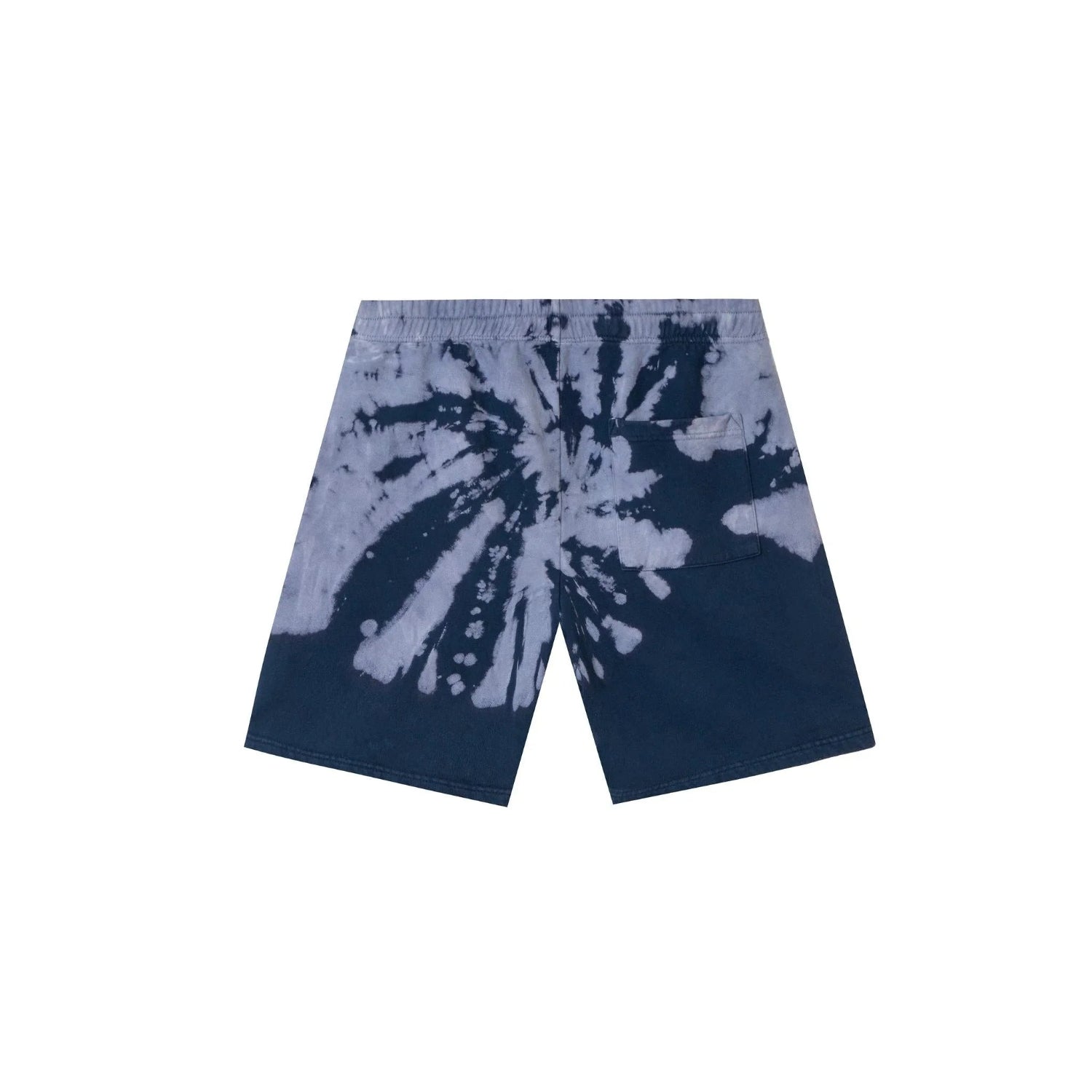 Blue tie-dye sweatshorts with elastic waistband and back pocket, stylish casual wear