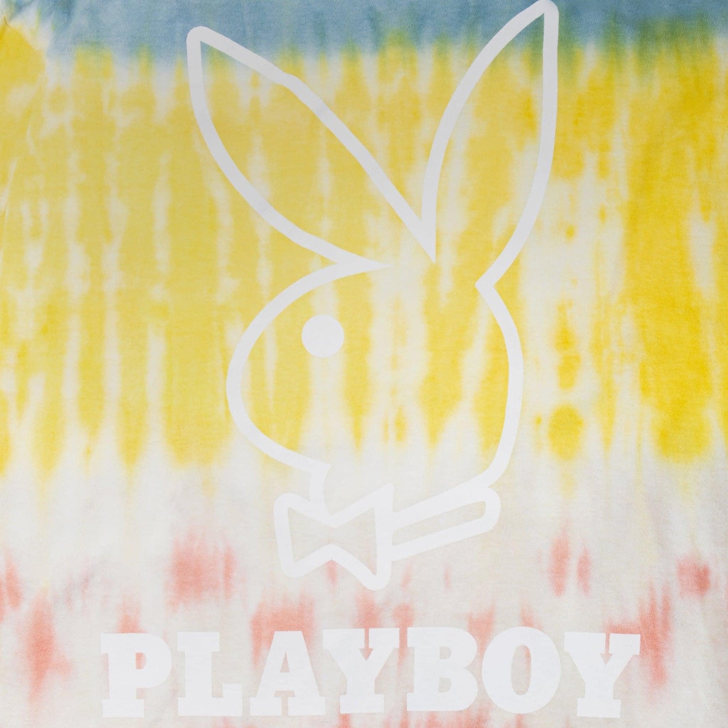 Tie-dye long sleeve t-shirt with large white bunny logo and text on yellow, blue, and pink background