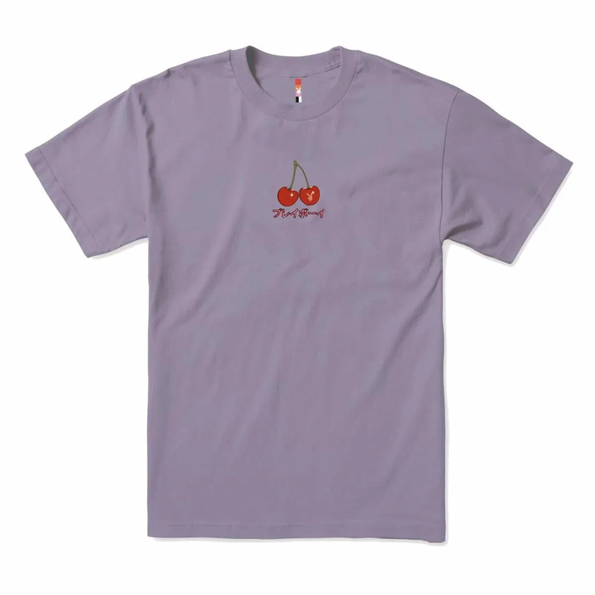 Lavender t-shirt with two cherry graphic and Japanese text on chest.
