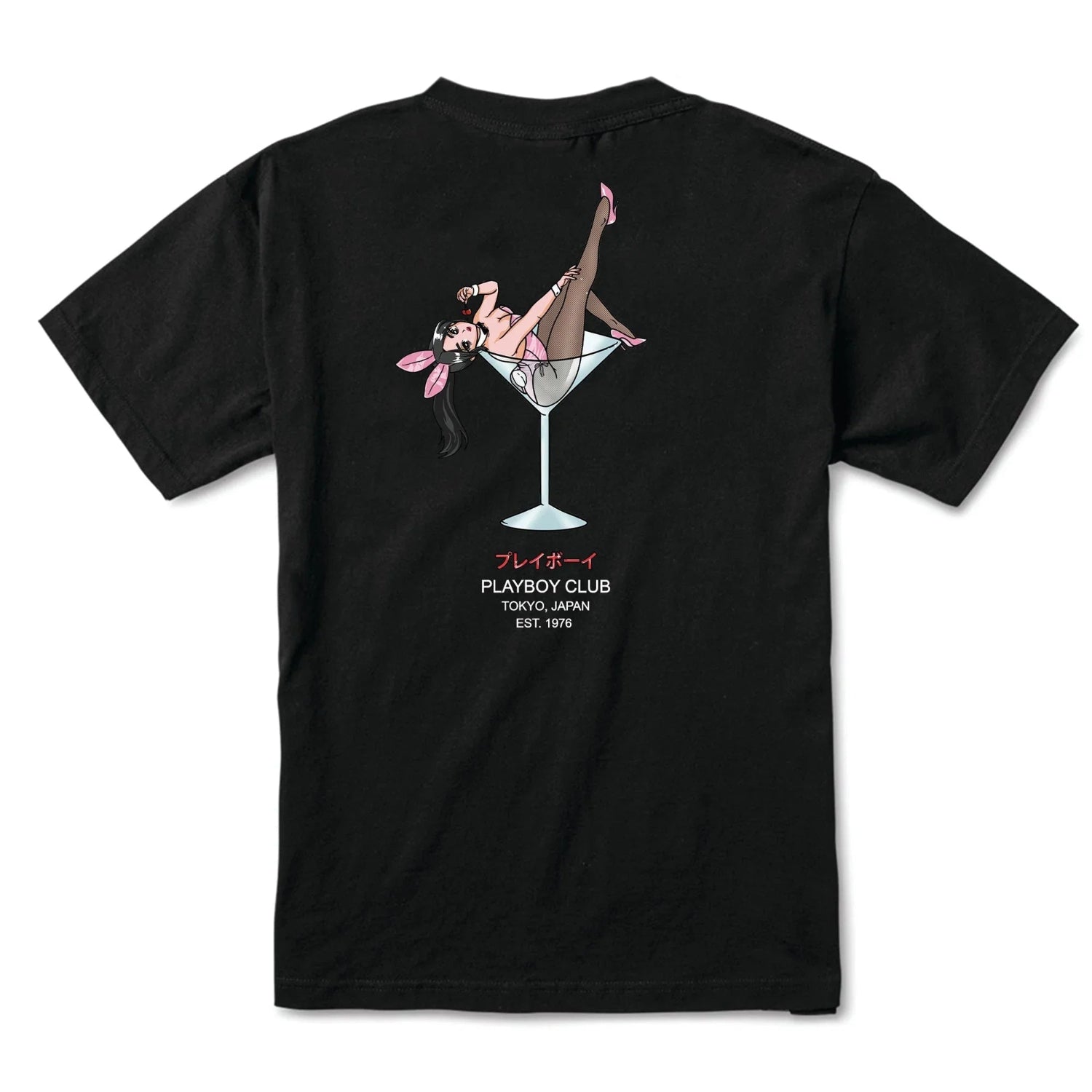 Black t-shirt featuring anime-style bunny girl in martini glass with Tokyo Club text