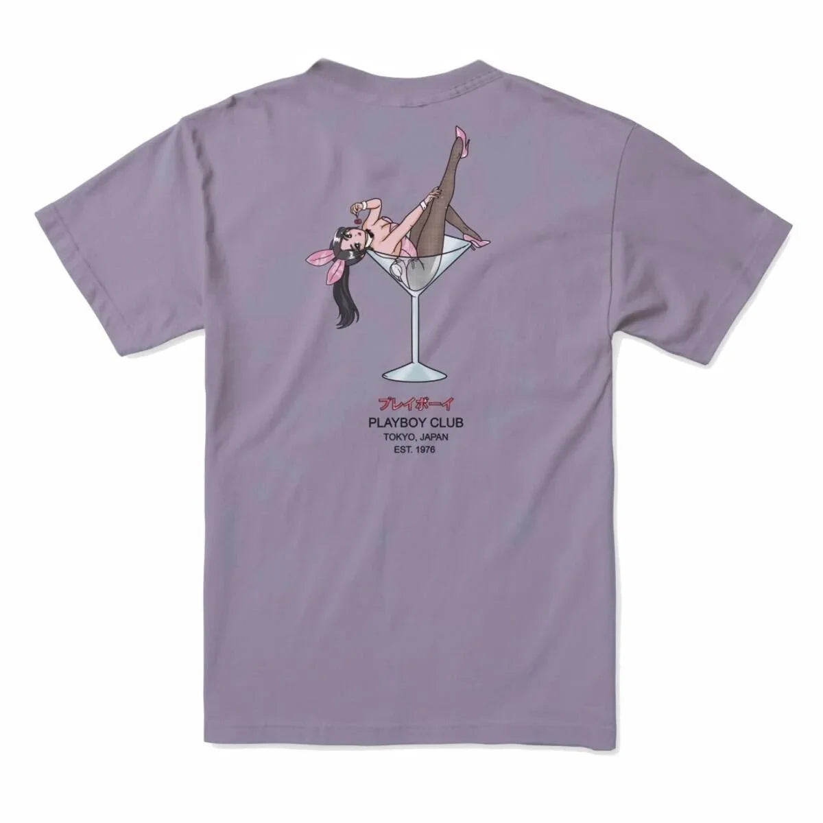 Lilac t-shirt with anime-inspired bunny girl lounging in martini glass and Tokyo club text on back.