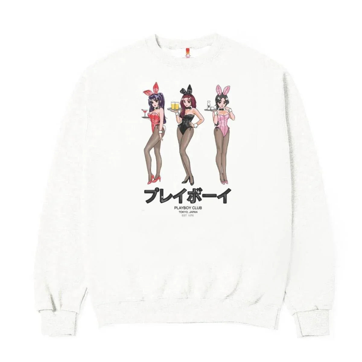 White crewneck sweatshirt featuring anime-style bunny girls and Japanese text graphic