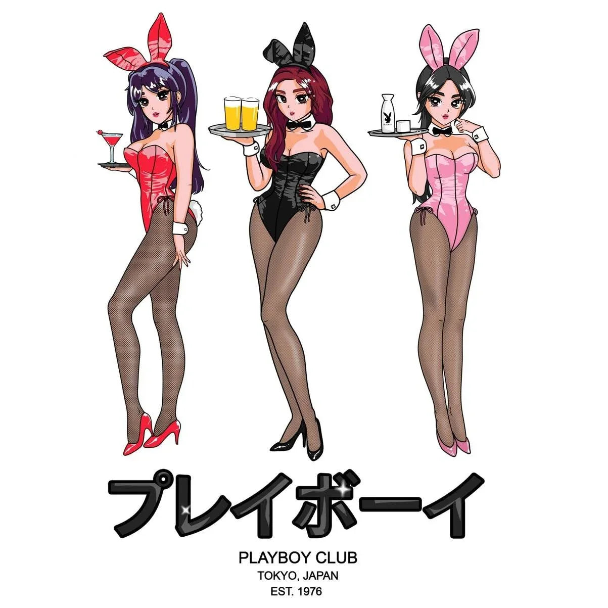 Anime-style illustration of three women in bunny costumes holding drinks, Tokyo Club text below.
