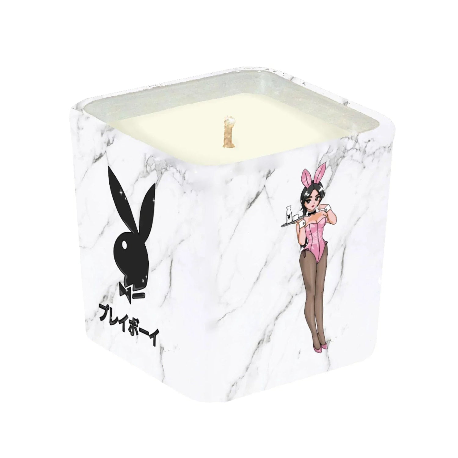 Marble square candle with black bunny logo and cartoon bunny girl in pink outfit