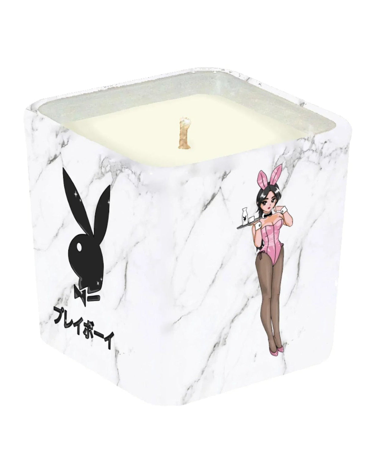 Marble square candle with black bunny logo and cartoon bunny girl in pink outfit
