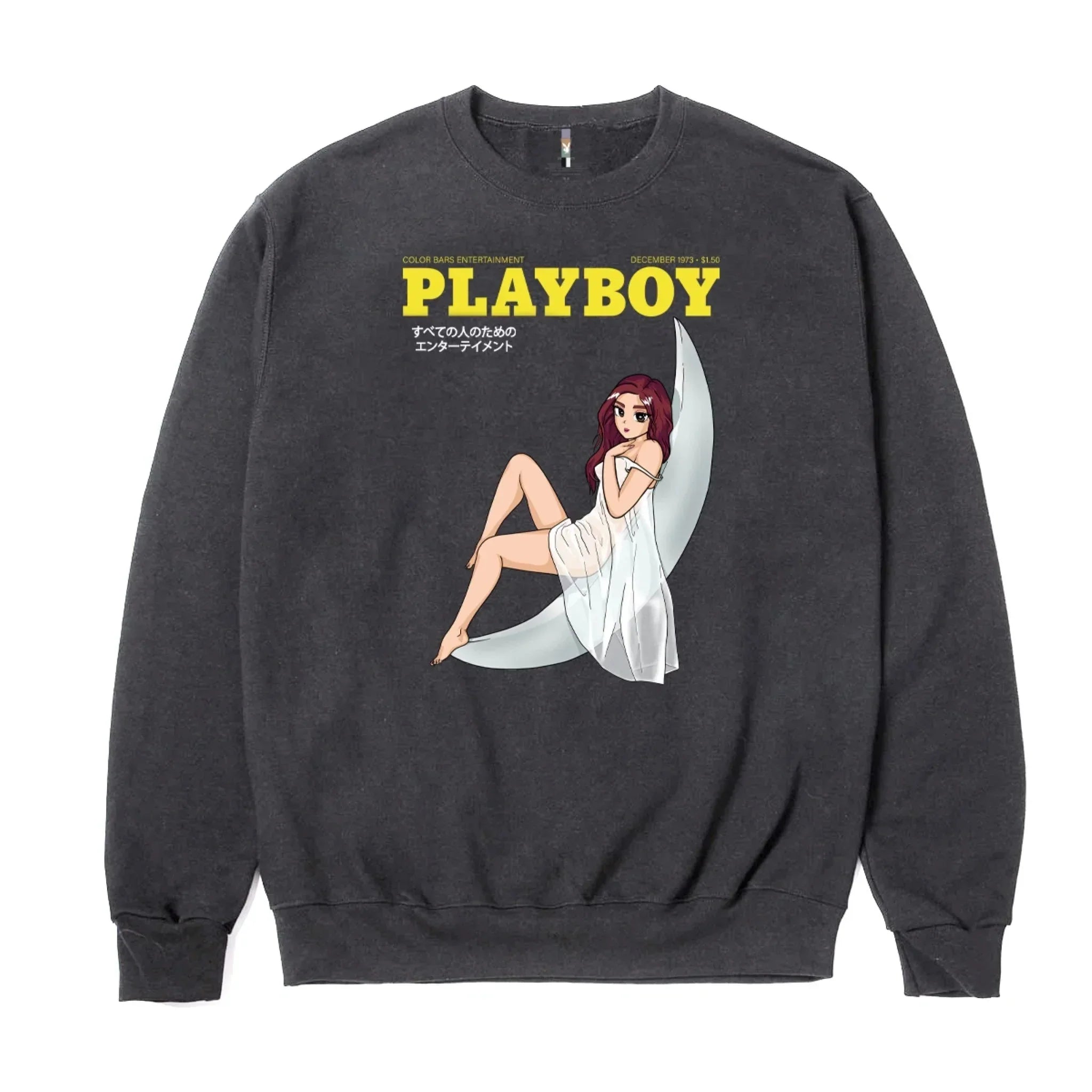 Black crewneck sweatshirt with anime-style woman sitting on moon, yellow PLAYBOY text