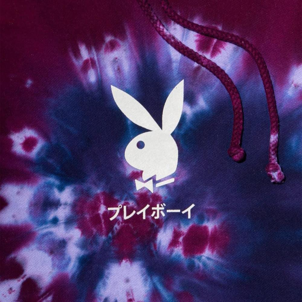 Purple and blue tie-dye hoodie with white bunny logo and Japanese text on front