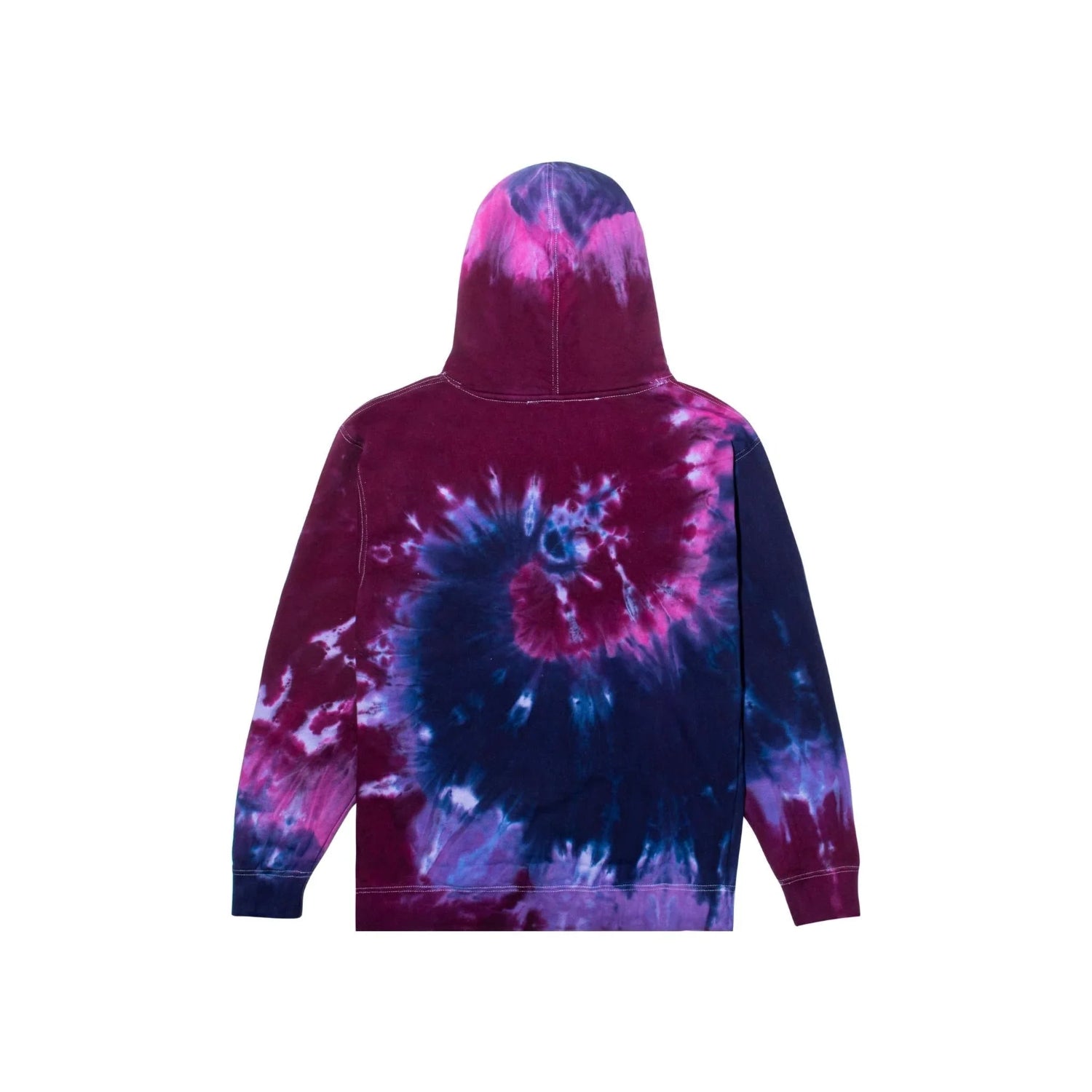 Back view of a purple and blue tie-dye hoodie with spiral pattern on white background