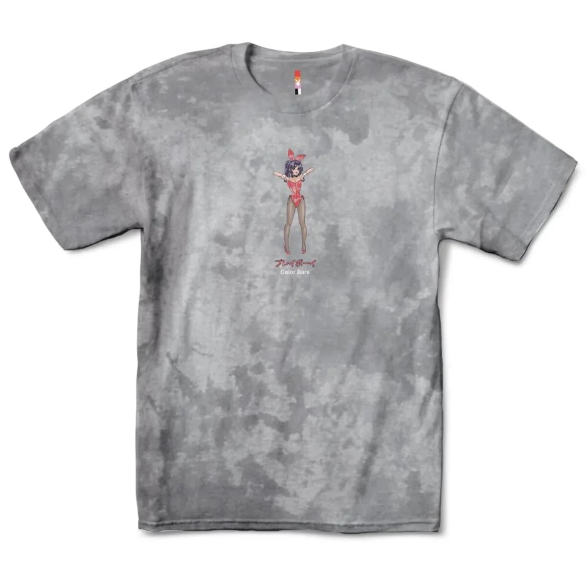 Gray tie-dye t-shirt featuring an anime-style bunny girl graphic and playful text on the front.
