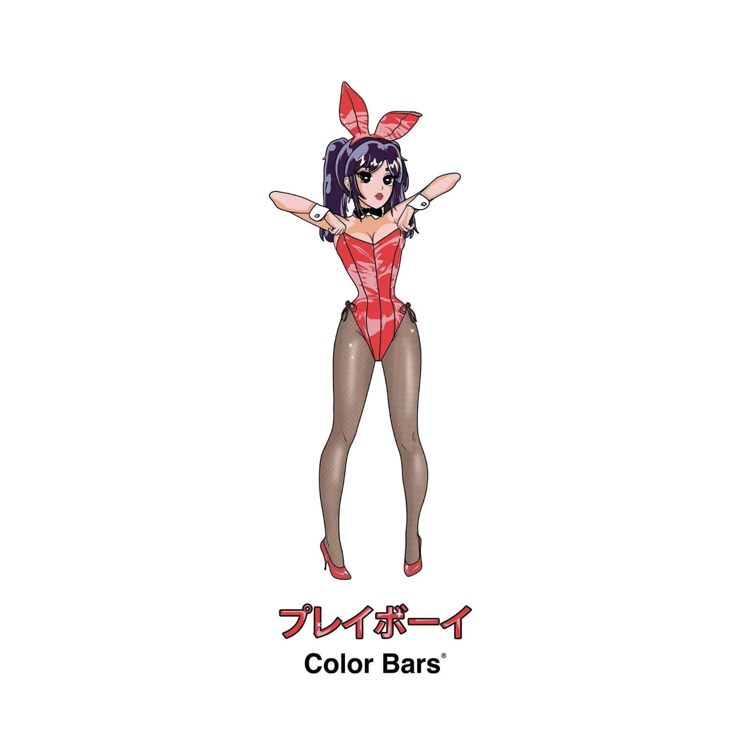 Anime style girl in red bunny outfit, fishnet tights, and heels, with Japanese and English text 'Color Bars' below.