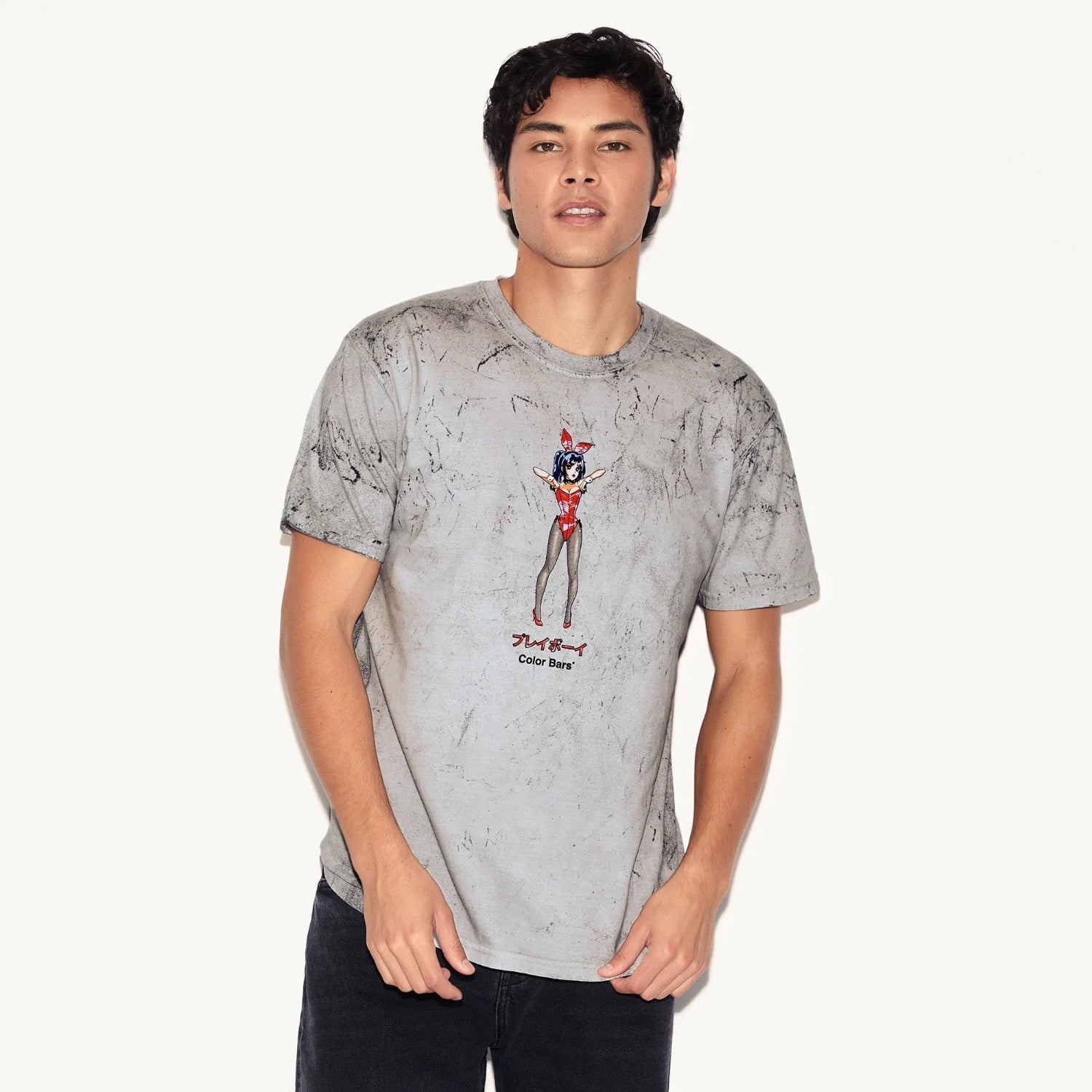 Man wearing a gray marble graphic tee with anime bunny girl illustration and text, fashion apparel