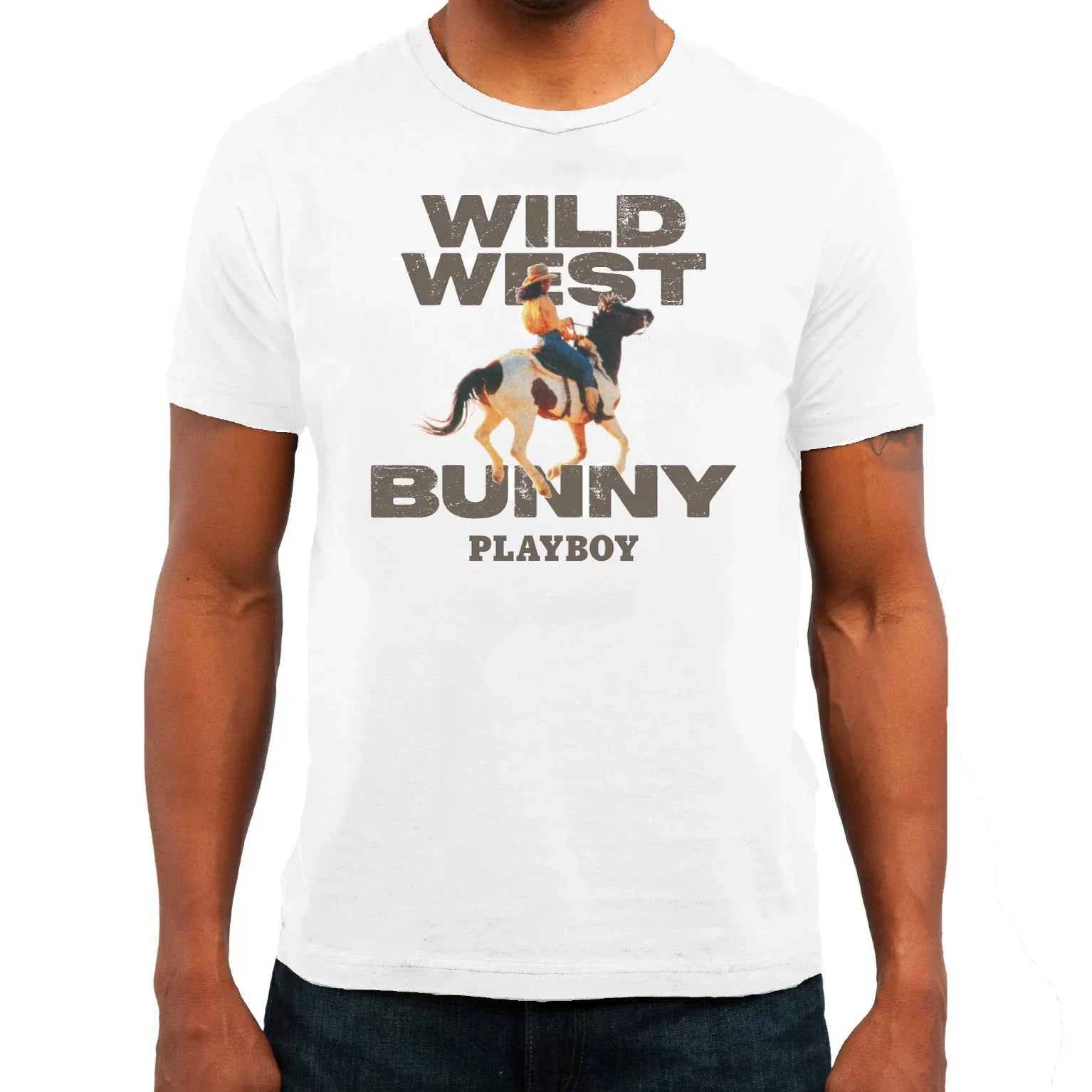 White Wild West Bunny graphic tee with cowboy and horse illustration, men's clothing