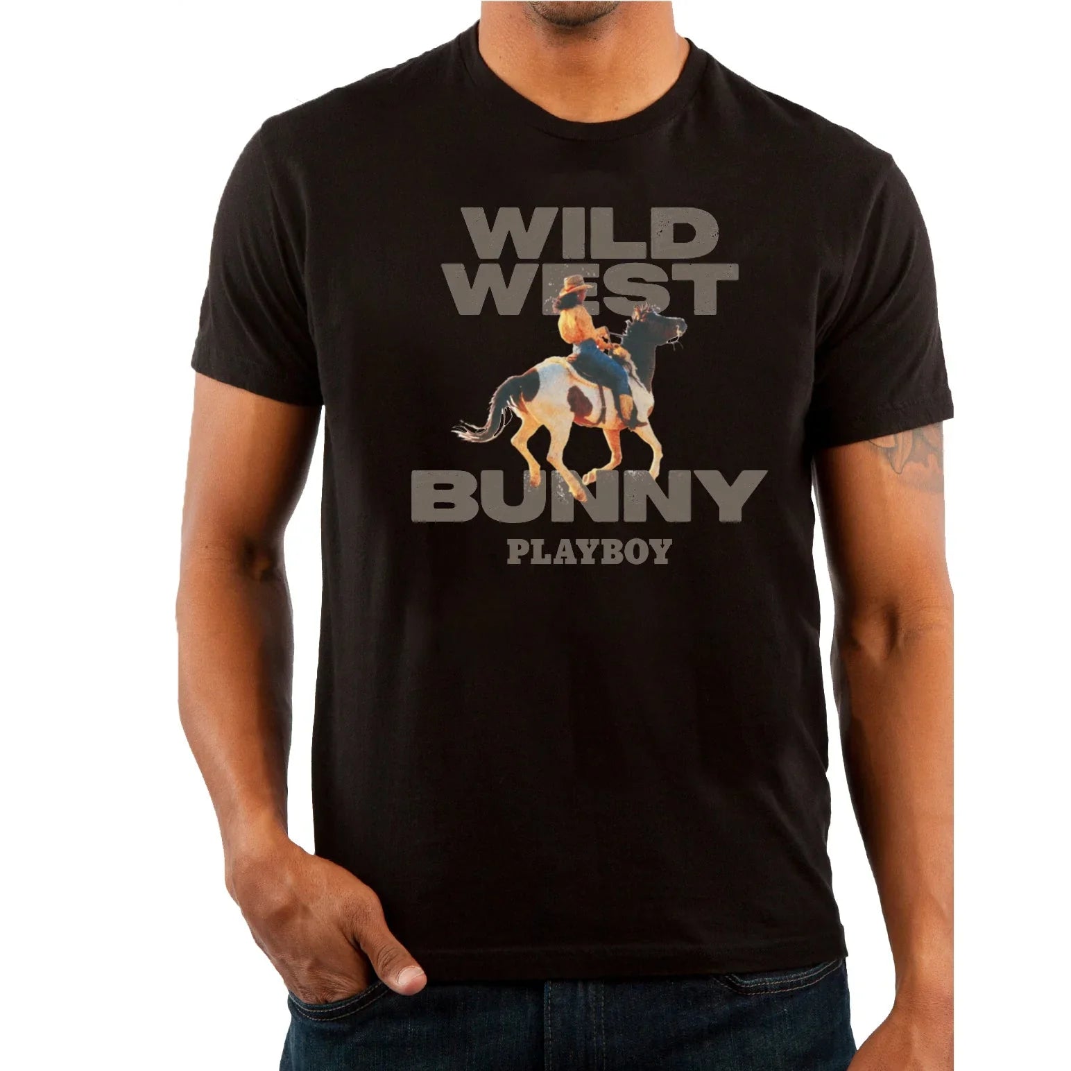 Black graphic t-shirt featuring 'Wild West Bunny' text and cowboy riding a horse print