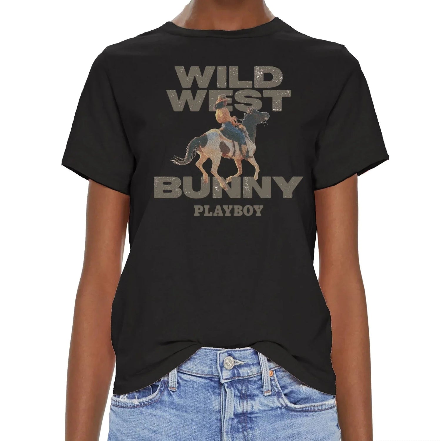 Black Wild West Bunny graphic tee featuring a cowgirl on horseback and bold vintage text.