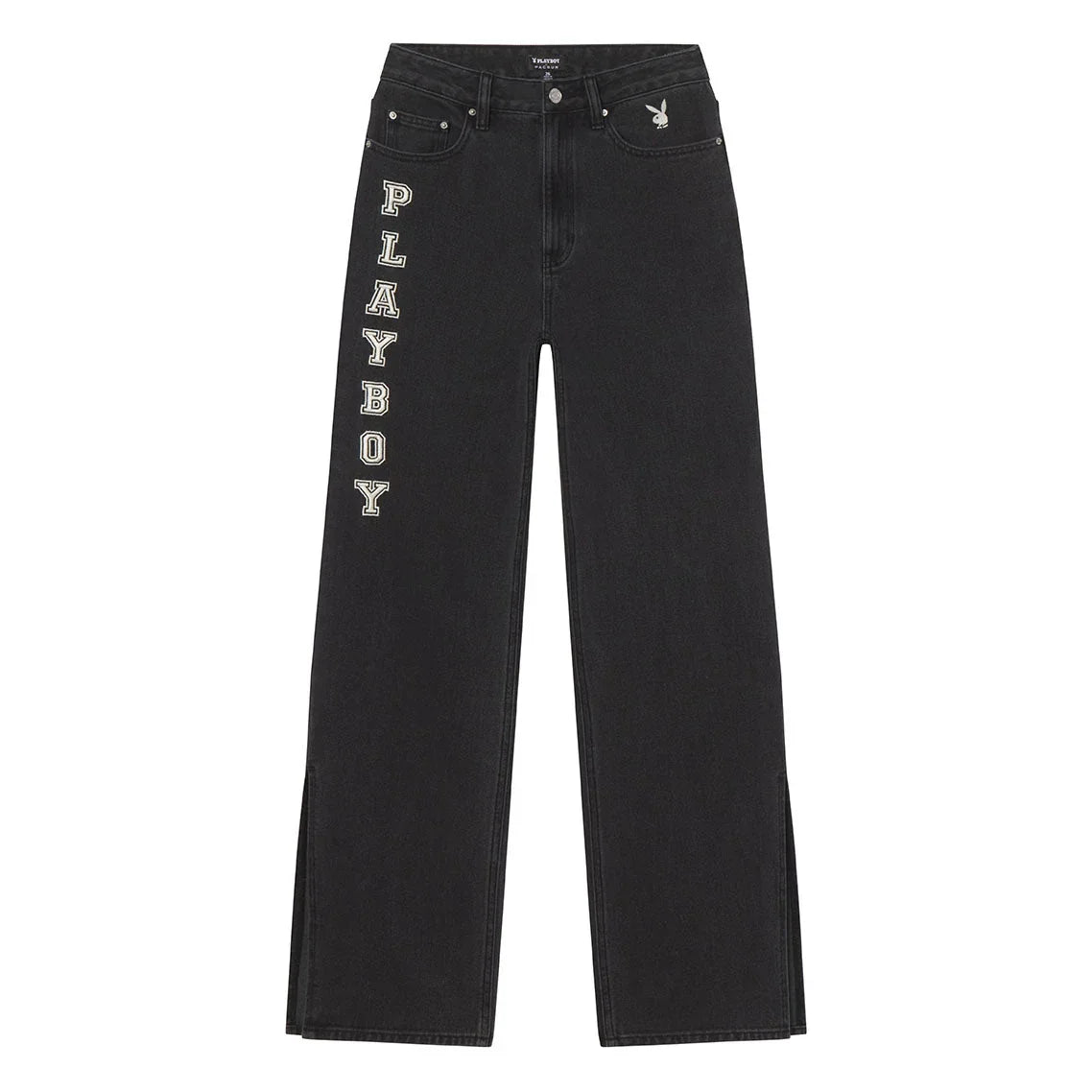Women's black 90s boyfriend denim pants with bold 'PLAYBOY' lettering and a bunny logo.